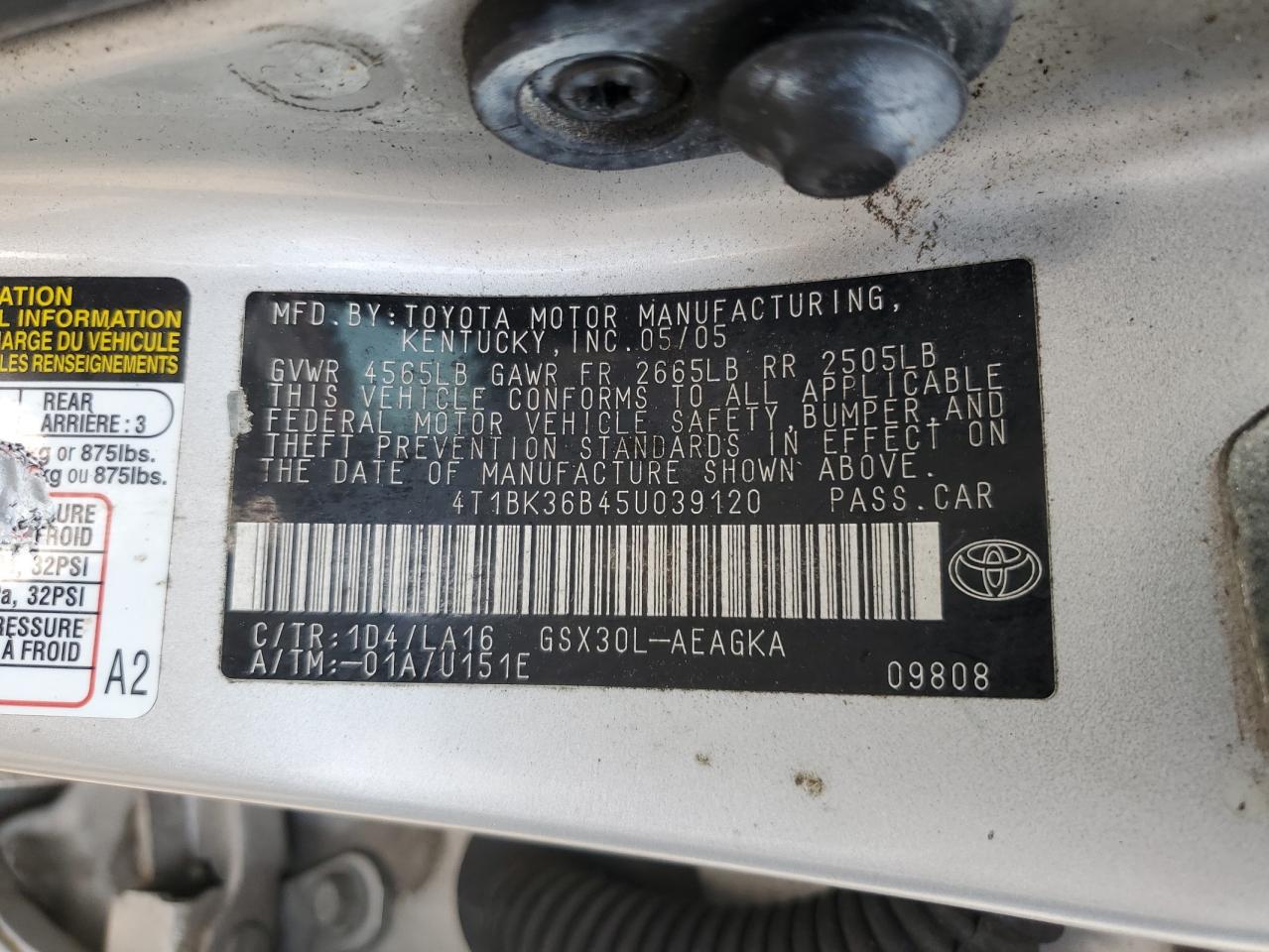 2005 Toyota Avalon Xl VIN: 4T1BK36B45U039120 Lot: 59422525