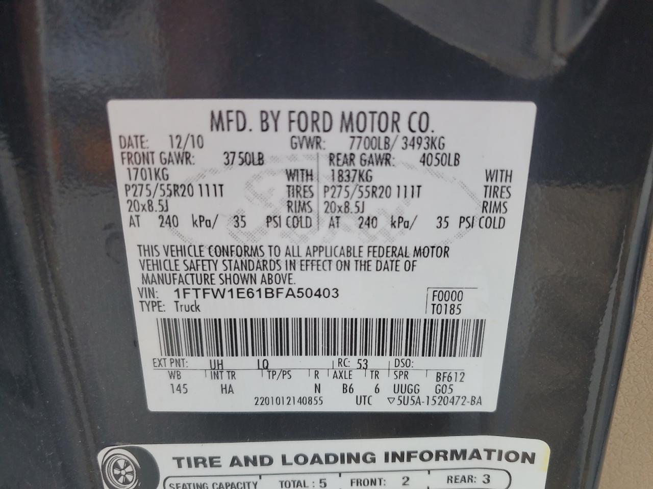 2011 Ford F150 Supercrew VIN: 1FTFW1E61BFA50403 Lot: 62389555
