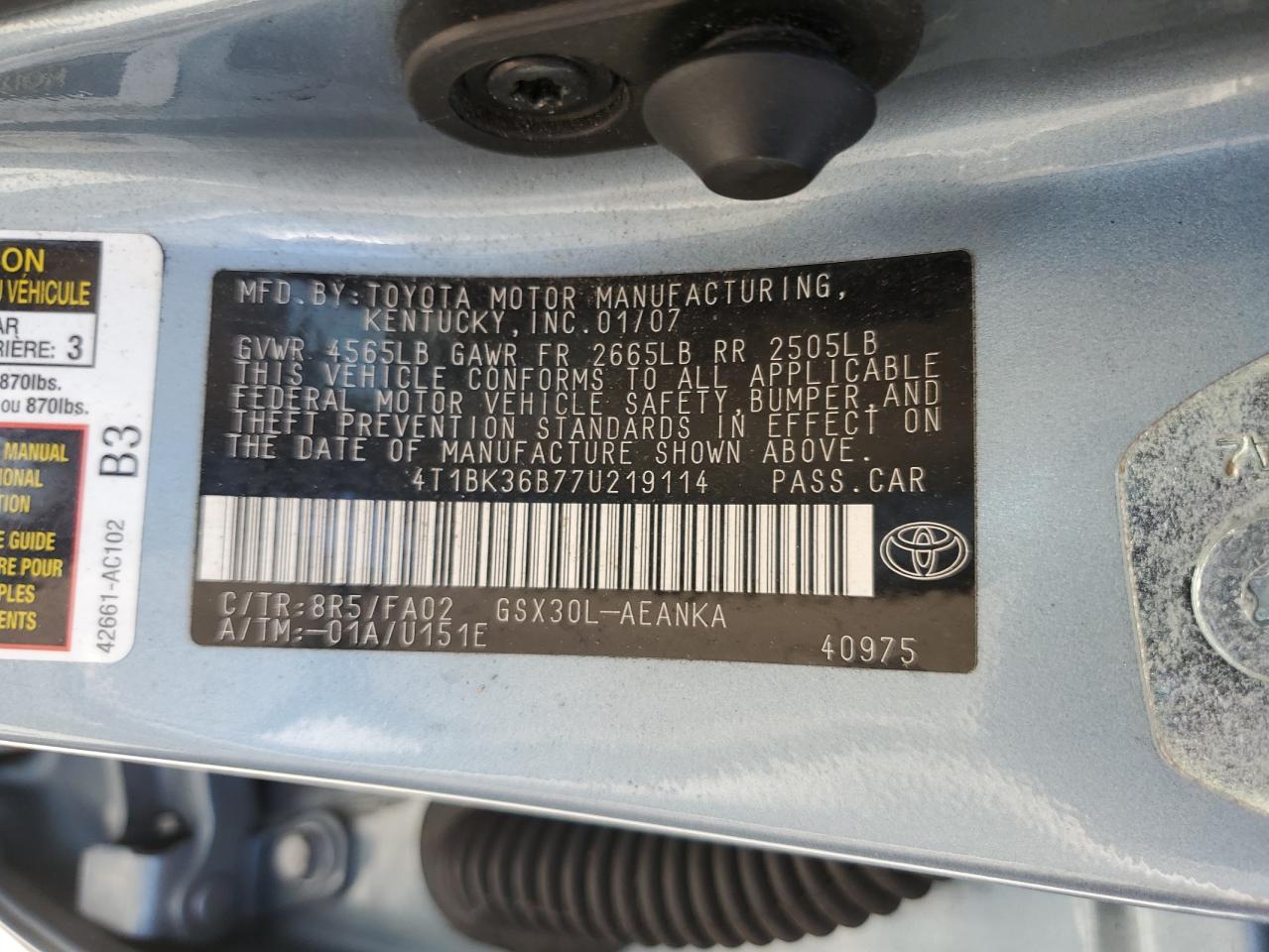 2007 Toyota Avalon Xl VIN: 4T1BK36B77U219114 Lot: 62427605