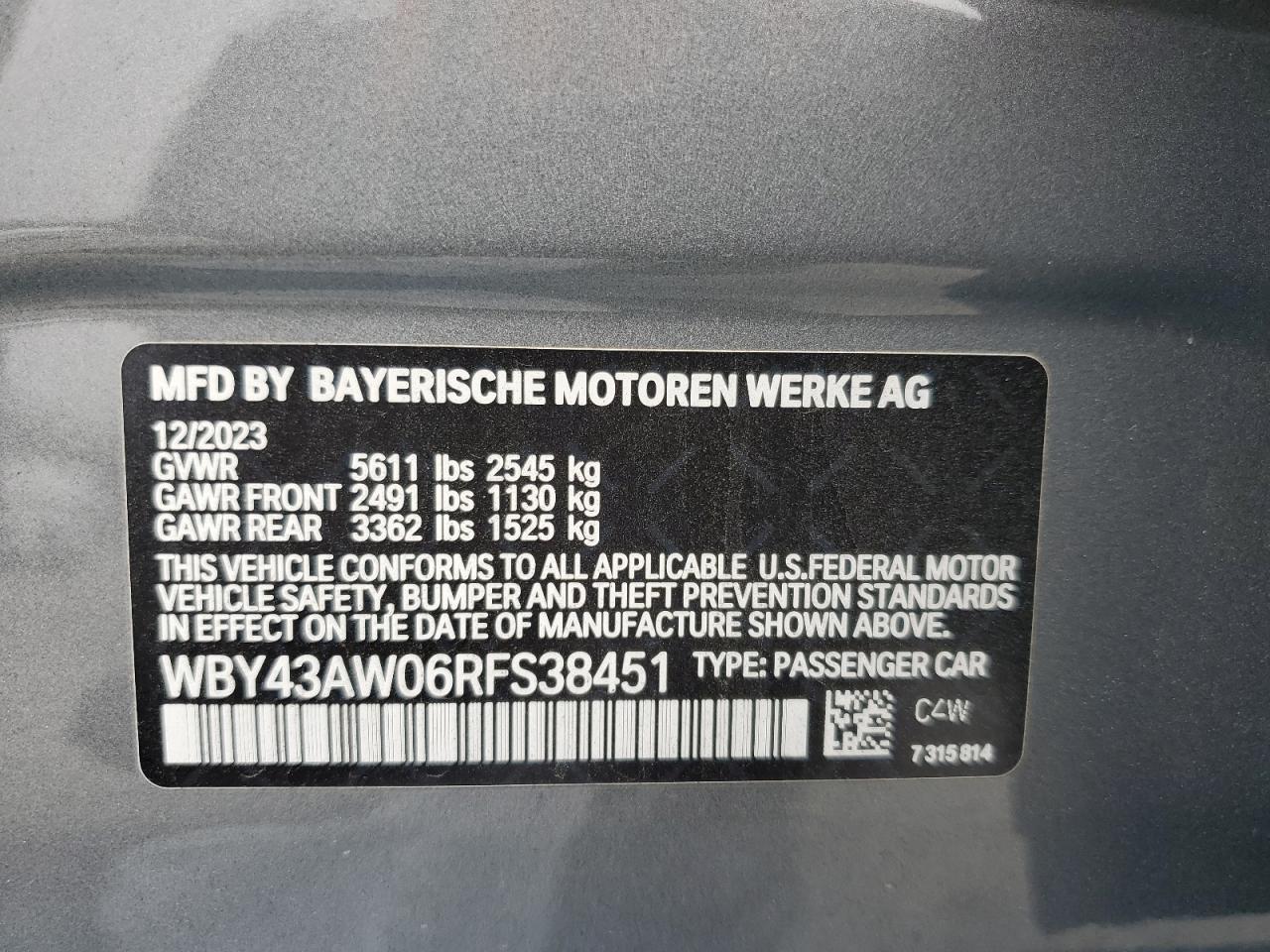2024 BMW I4 Edrive 35 VIN: WBY43AW06RFS38451 Lot: 61655575