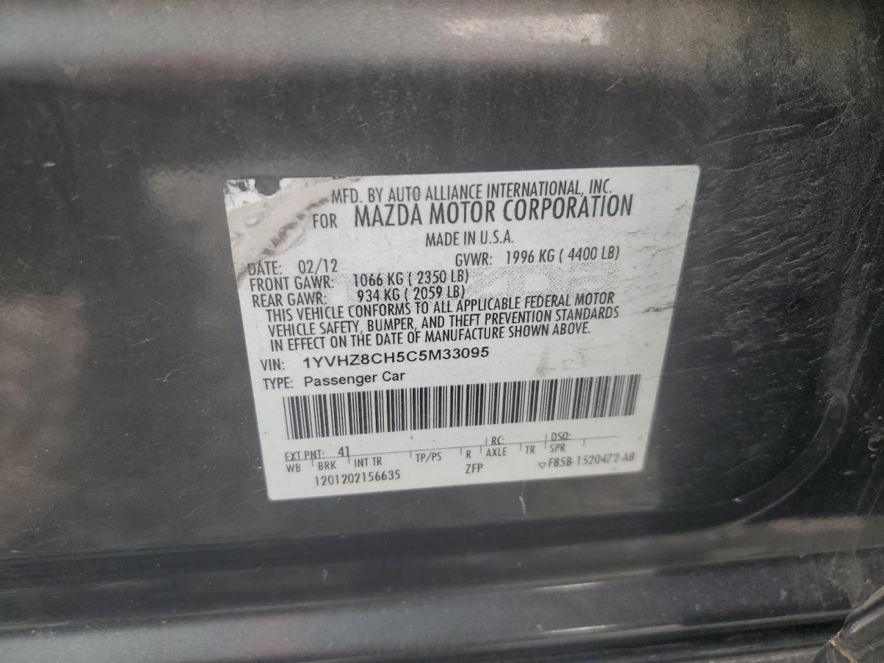 2012 Mazda 6 I VIN: 1YVHZ8CH5C5M33095 Lot: 62372225