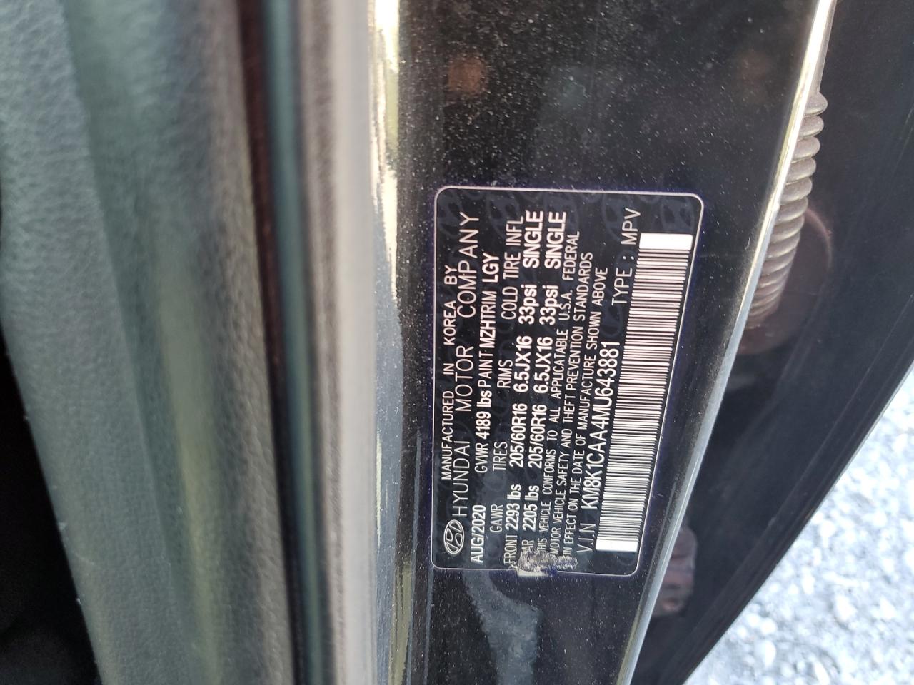 2021 Hyundai Kona Se VIN: KM8K1CAA4MU643881 Lot: 62580365