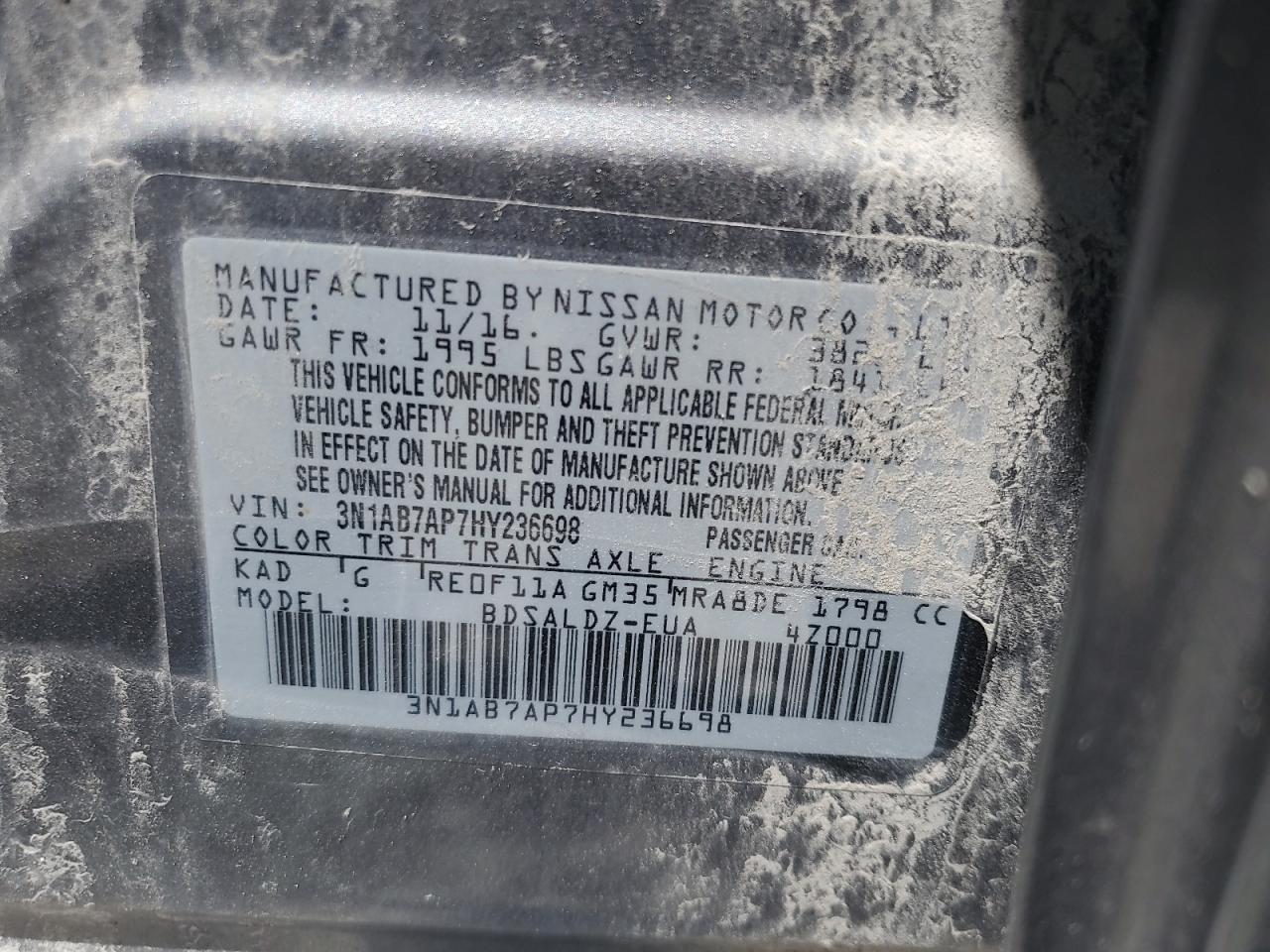2017 Nissan Sentra S VIN: 3N1AB7AP7HY236698 Lot: 61627355
