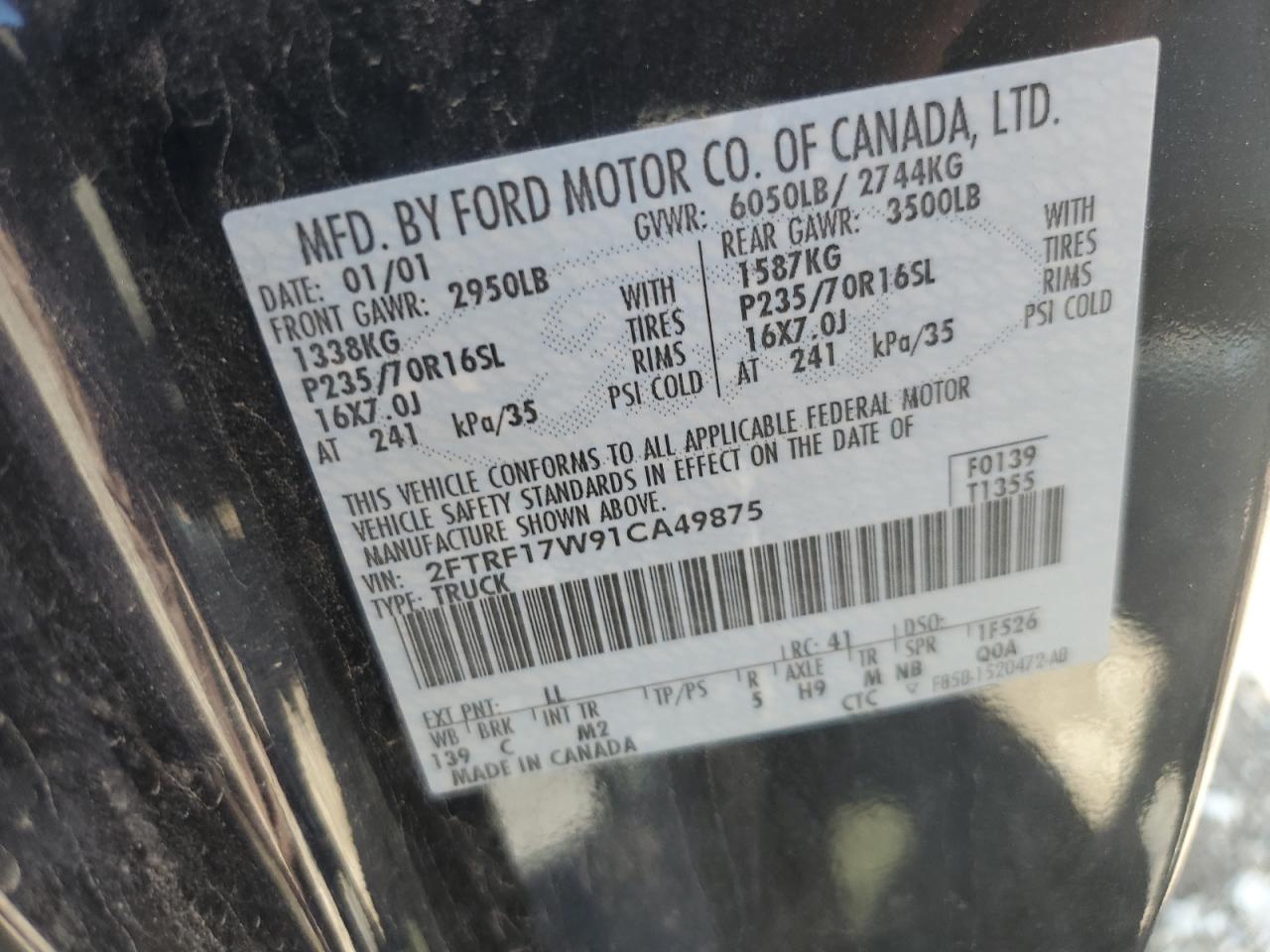 2001 Ford F150 VIN: 2FTRF17W91CA49875 Lot: 62696525