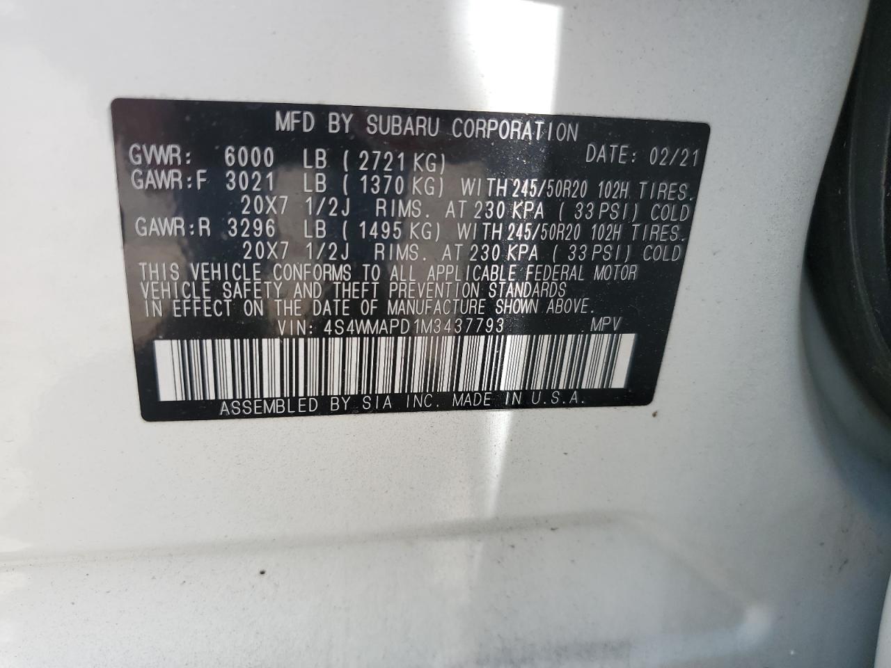 2021 Subaru Ascent Limited VIN: 4S4WMAPD1M3437793 Lot: 59804625