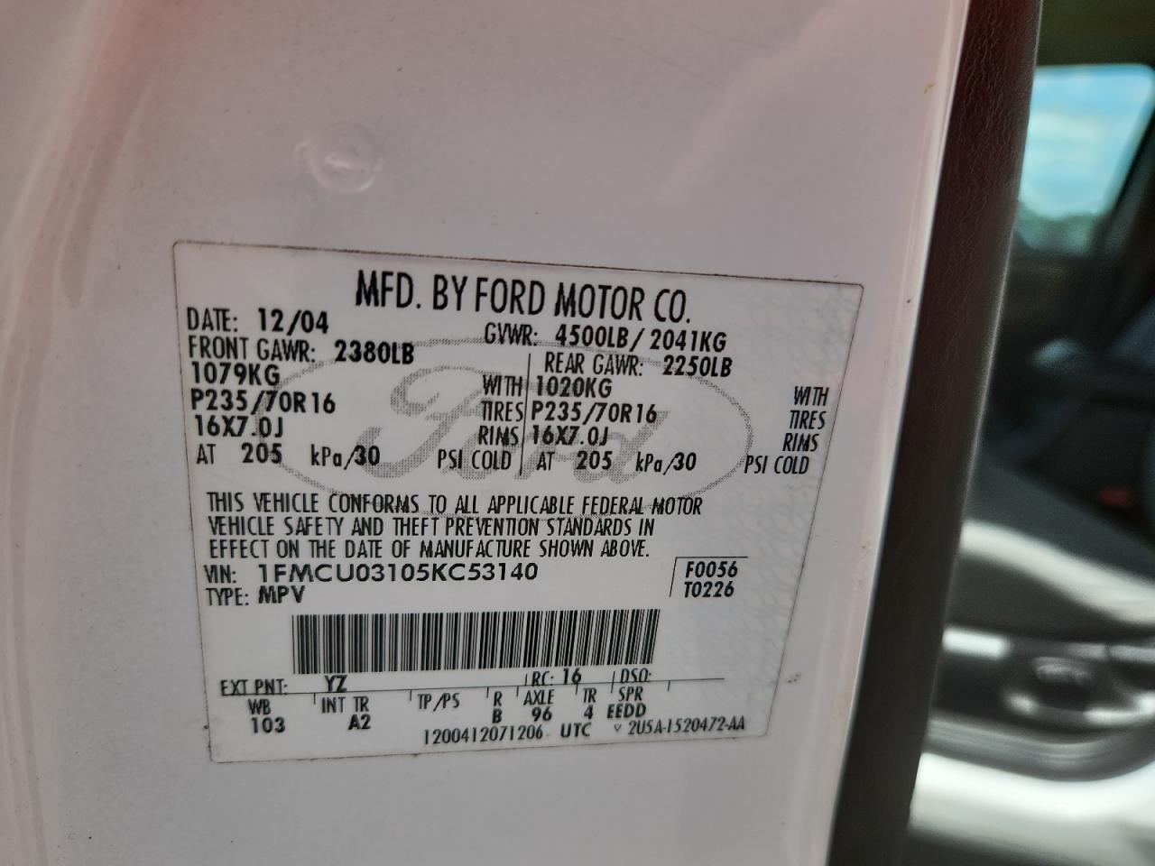 2005 Ford Escape Xlt VIN: 1FMCU03105KC53140 Lot: 60692975