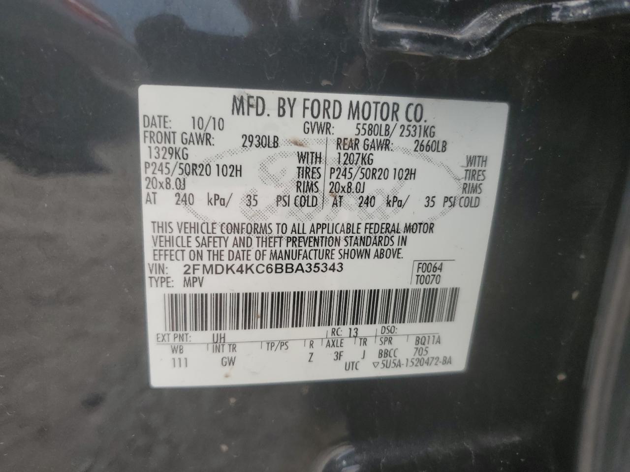 2011 Ford Edge Limited VIN: 2FMDK4KC6BBA35343 Lot: 62876085