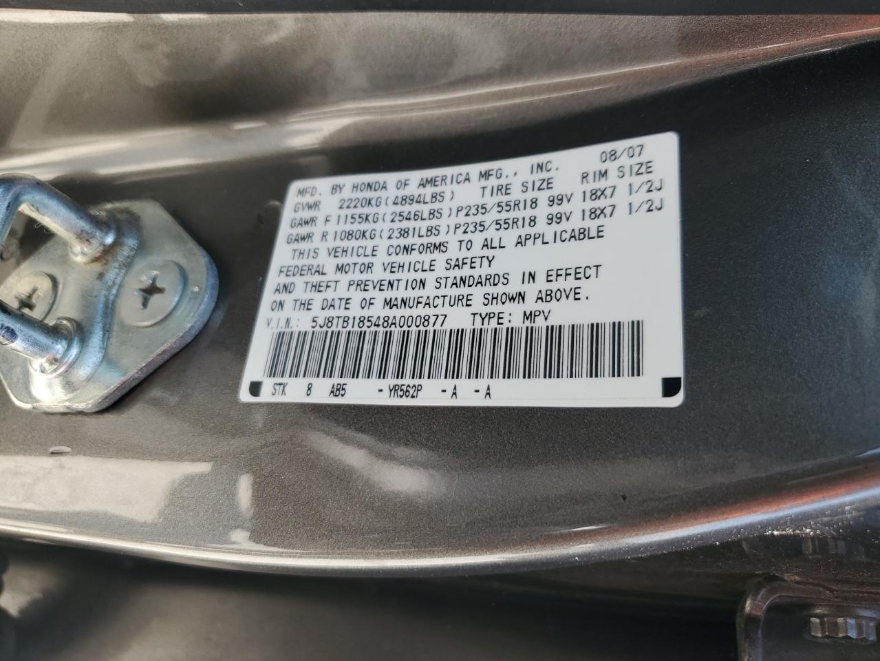 2008 Acura Rdx Technology VIN: 5J8TB18548A000877 Lot: 62715175