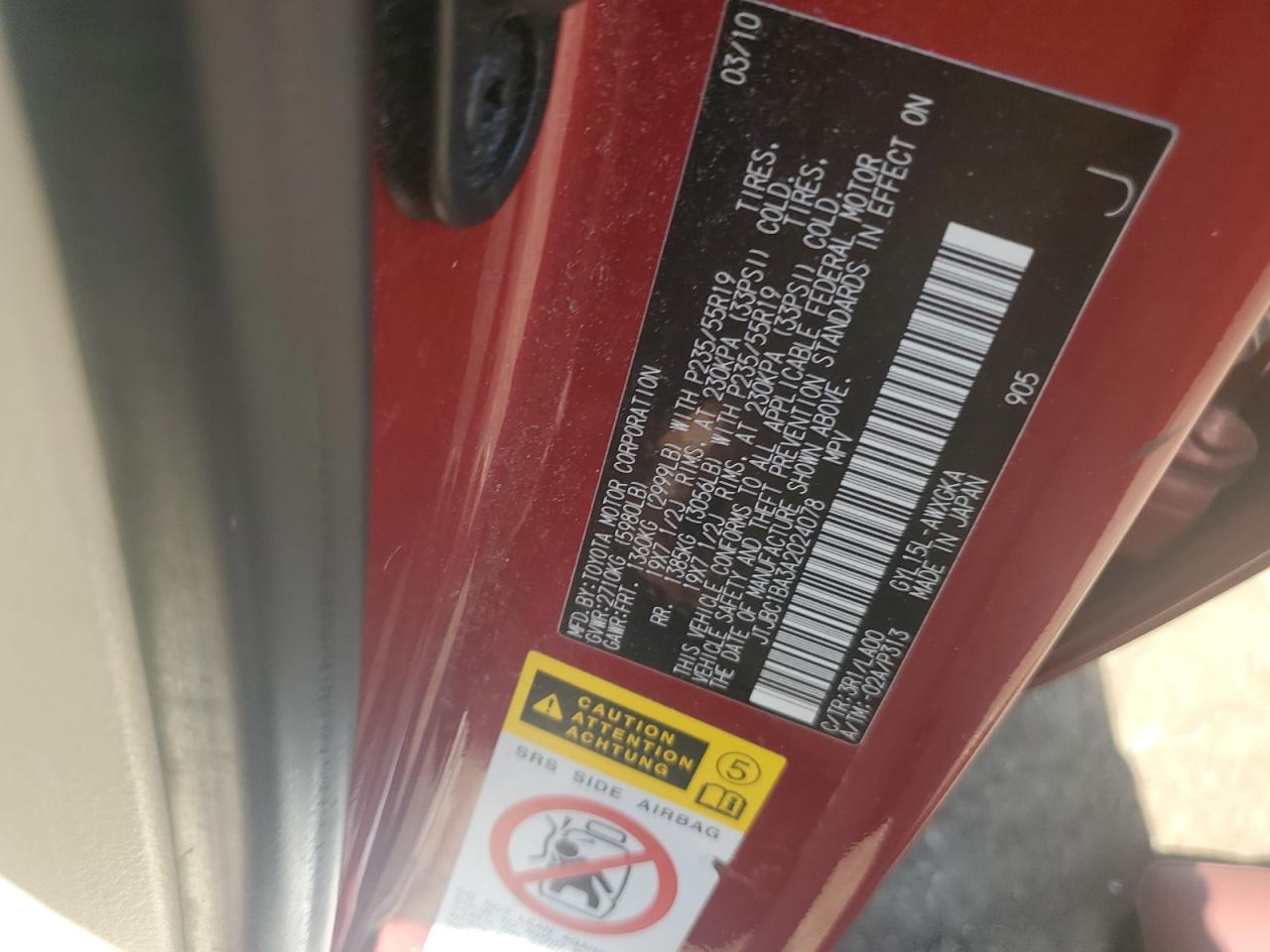 2010 Lexus Rx 450H VIN: JTJBC1BA3A2024078 Lot: 61655655