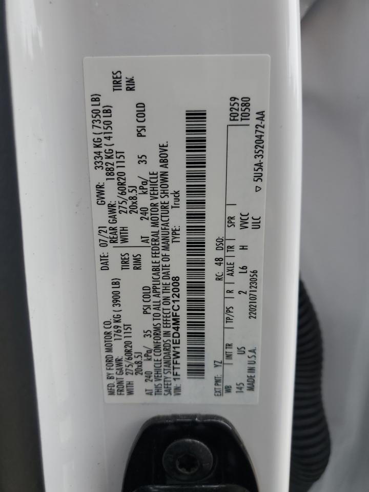 2021 Ford F150 Supercrew VIN: 1FTFW1ED4MFC12008 Lot: 62830965