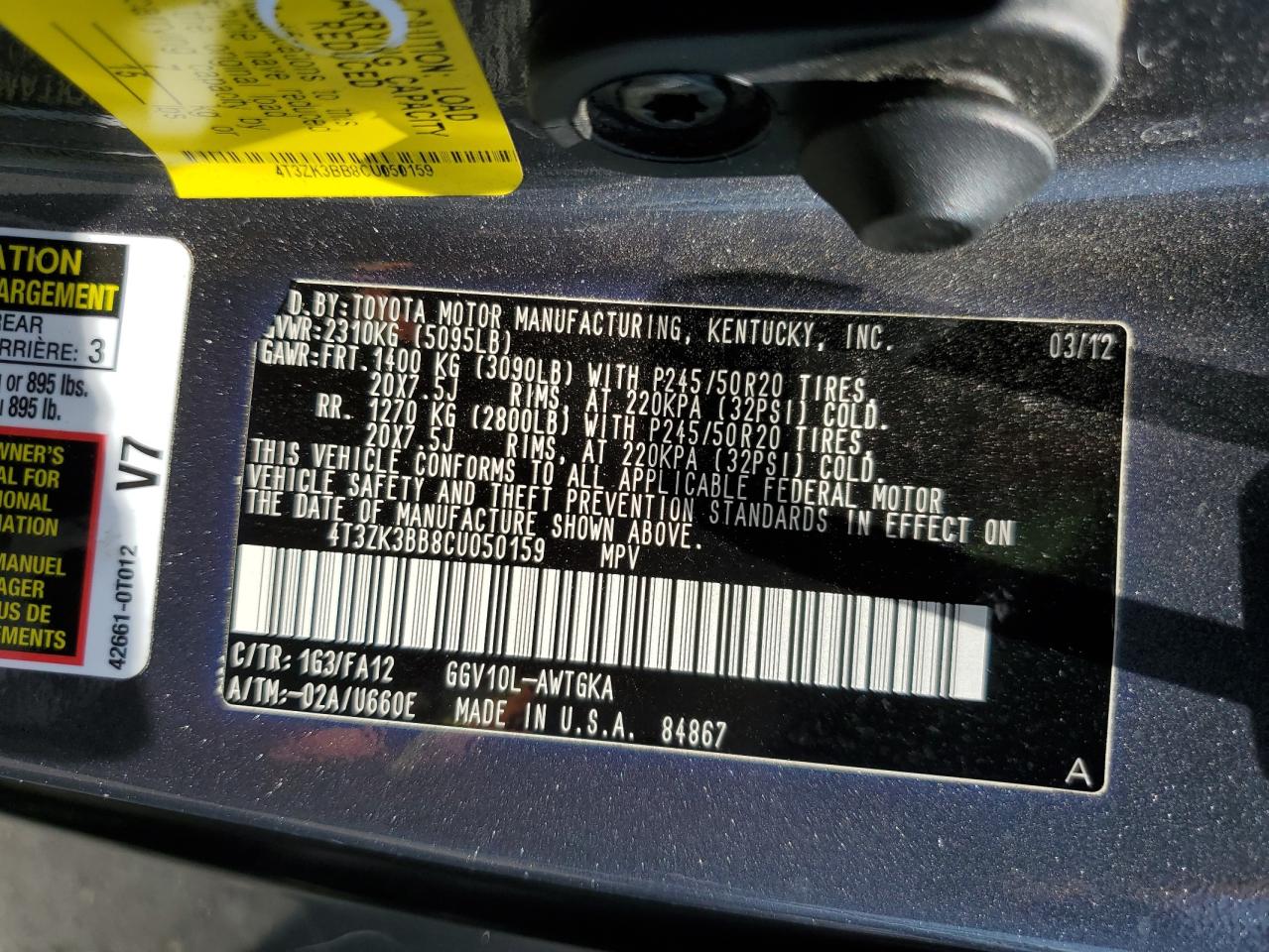 2012 Toyota Venza Le VIN: 4T3ZK3BB8CU050159 Lot: 61497335
