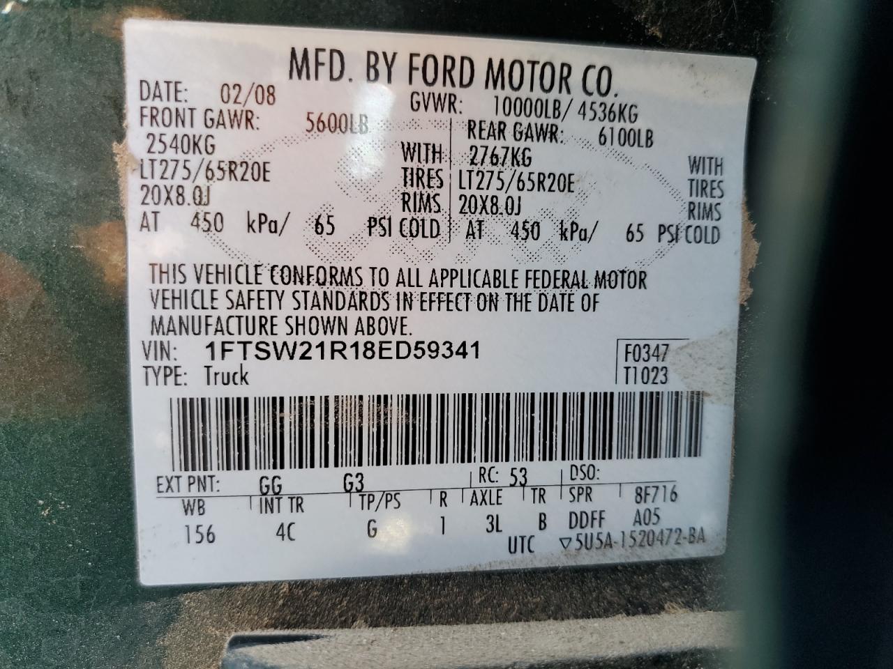 2008 Ford F250 Super Duty VIN: 1FTSW21R18ED59341 Lot: 62602395