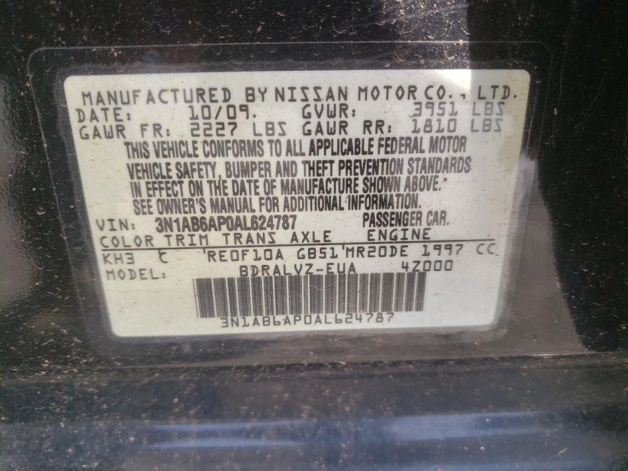 2010 Nissan Sentra 2.0 VIN: 3N1AB6AP0AL624787 Lot: 62694365