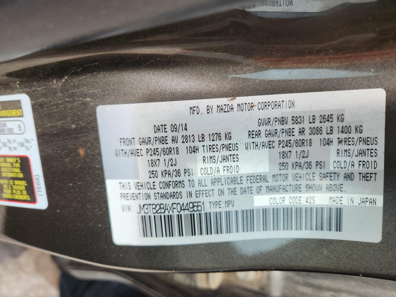 2015 Mazda Cx-9 Sport VIN: JM3TB2BAXF0449551 Lot: 60457825