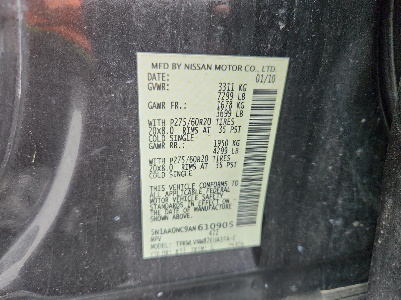 2010 Nissan Armada Se VIN: 5N1AA0NC9AN610905 Lot: 62839175