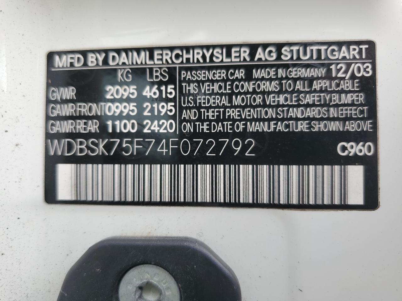 2004 Mercedes-Benz Sl 500 VIN: WDBSK75F74F072792 Lot: 62934285