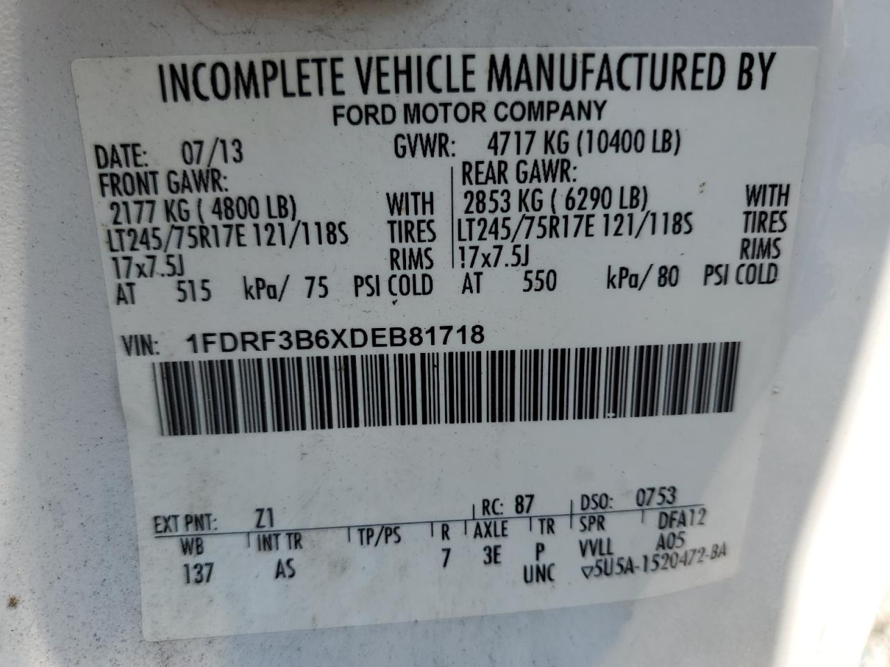 2013 Ford F350 Super Duty VIN: 1FDRF3B6XDEB81718 Lot: 59275125