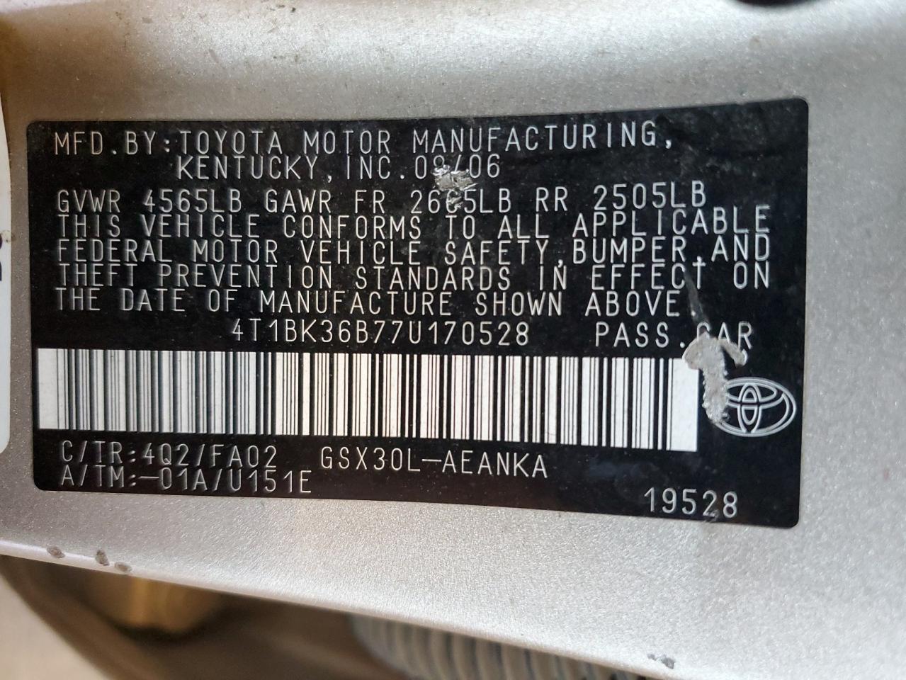 2007 Toyota Avalon Xl VIN: 4T1BK36B77U170528 Lot: 61065295