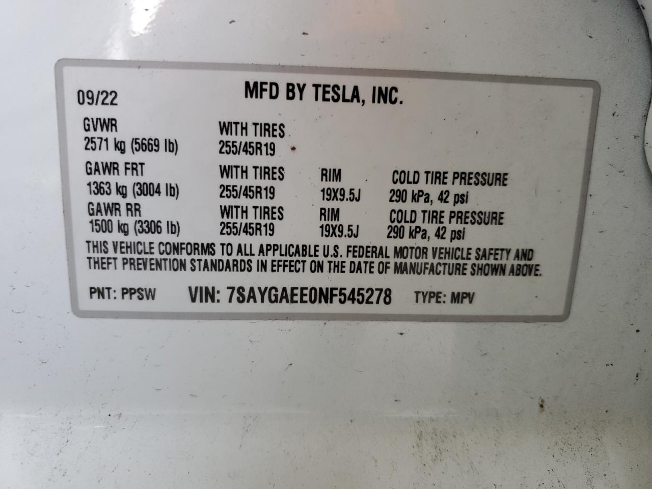 2022 Tesla Model Y VIN: 7SAYGAEE0NF545278 Lot: 61948135