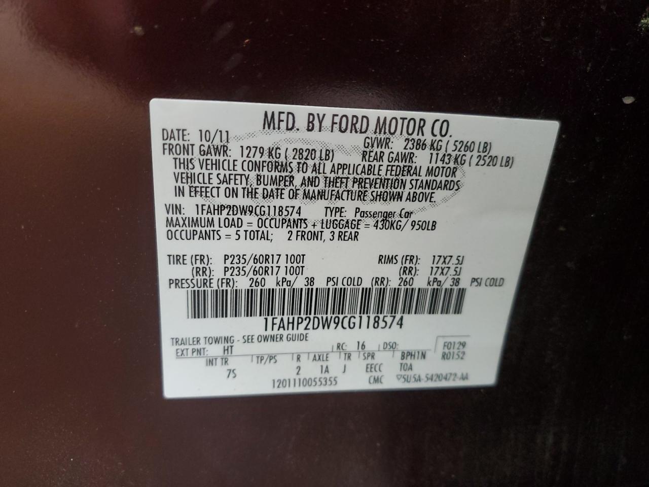 2012 Ford Taurus Se VIN: 1FAHP2DW9CG118574 Lot: 62103105