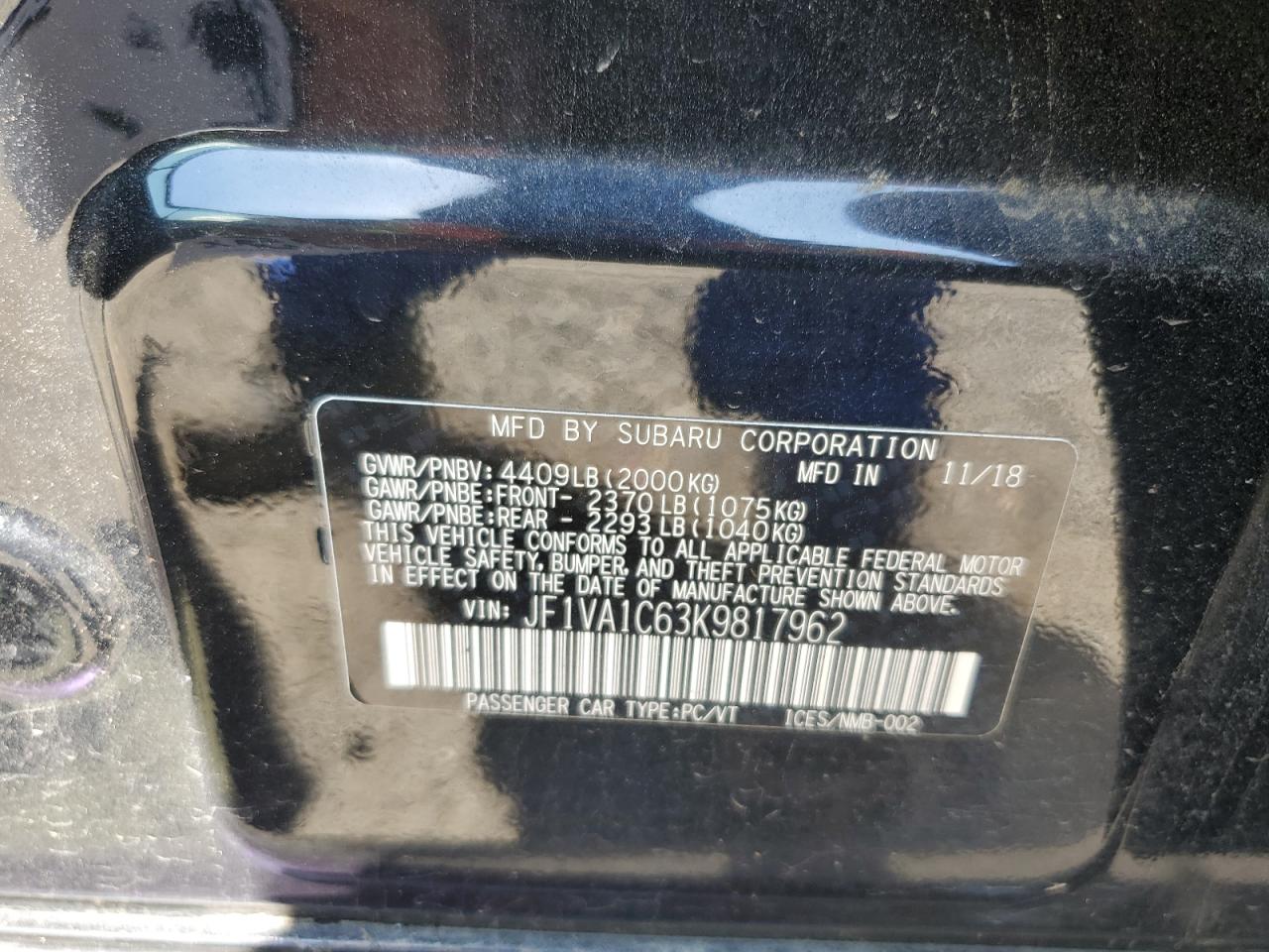 2019 Subaru Wrx Premium VIN: JF1VA1C63K9817962 Lot: 61731395