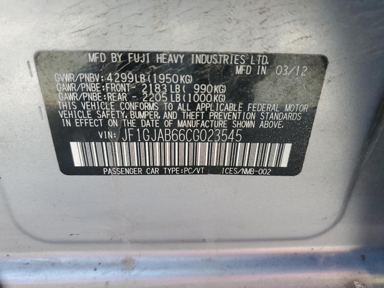 2012 Subaru Impreza Premium VIN: JF1GJAB66CG023545 Lot: 62264225