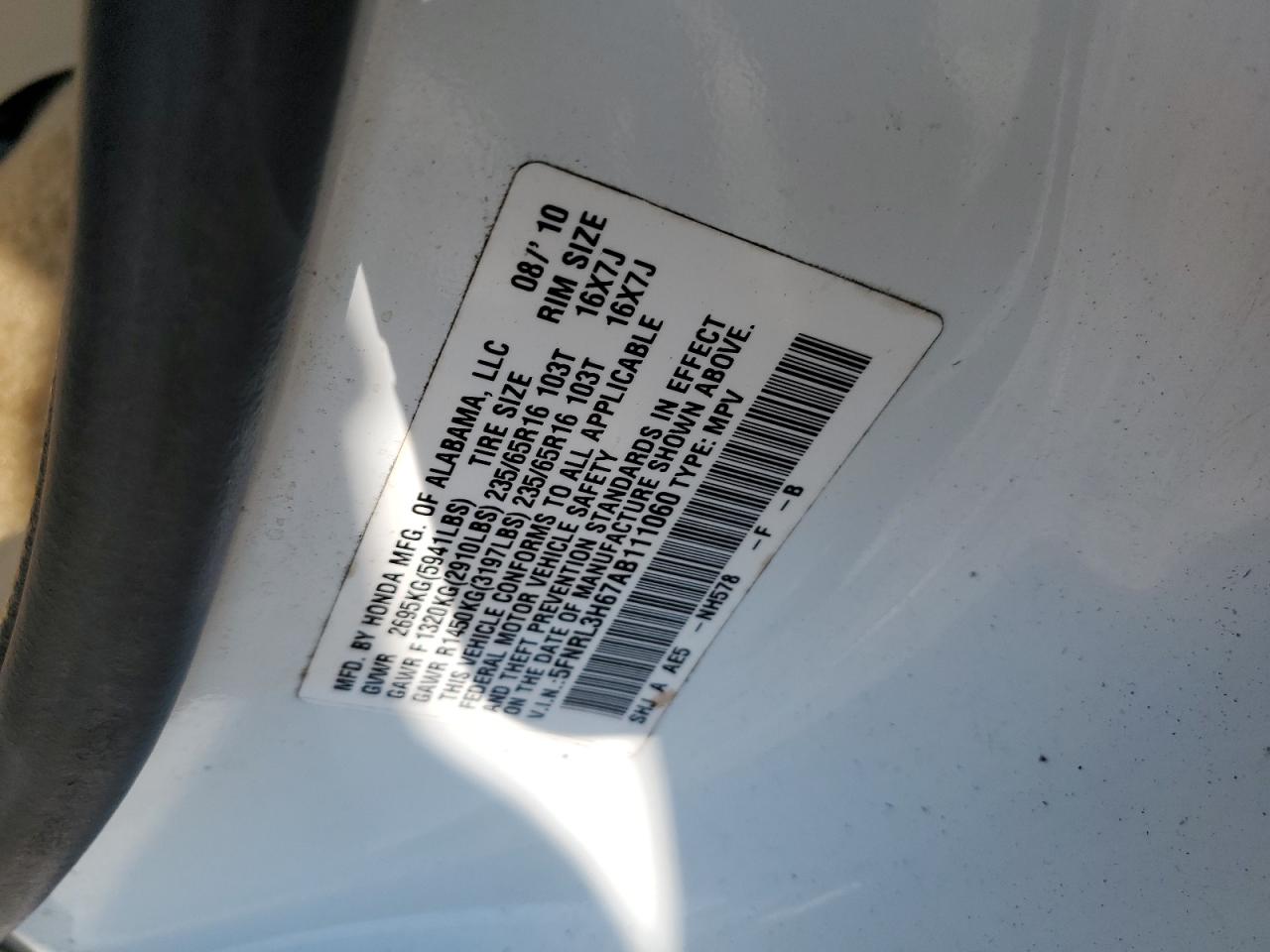 2010 Honda Odyssey Exl VIN: 5FNRL3H67AB111060 Lot: 62371845