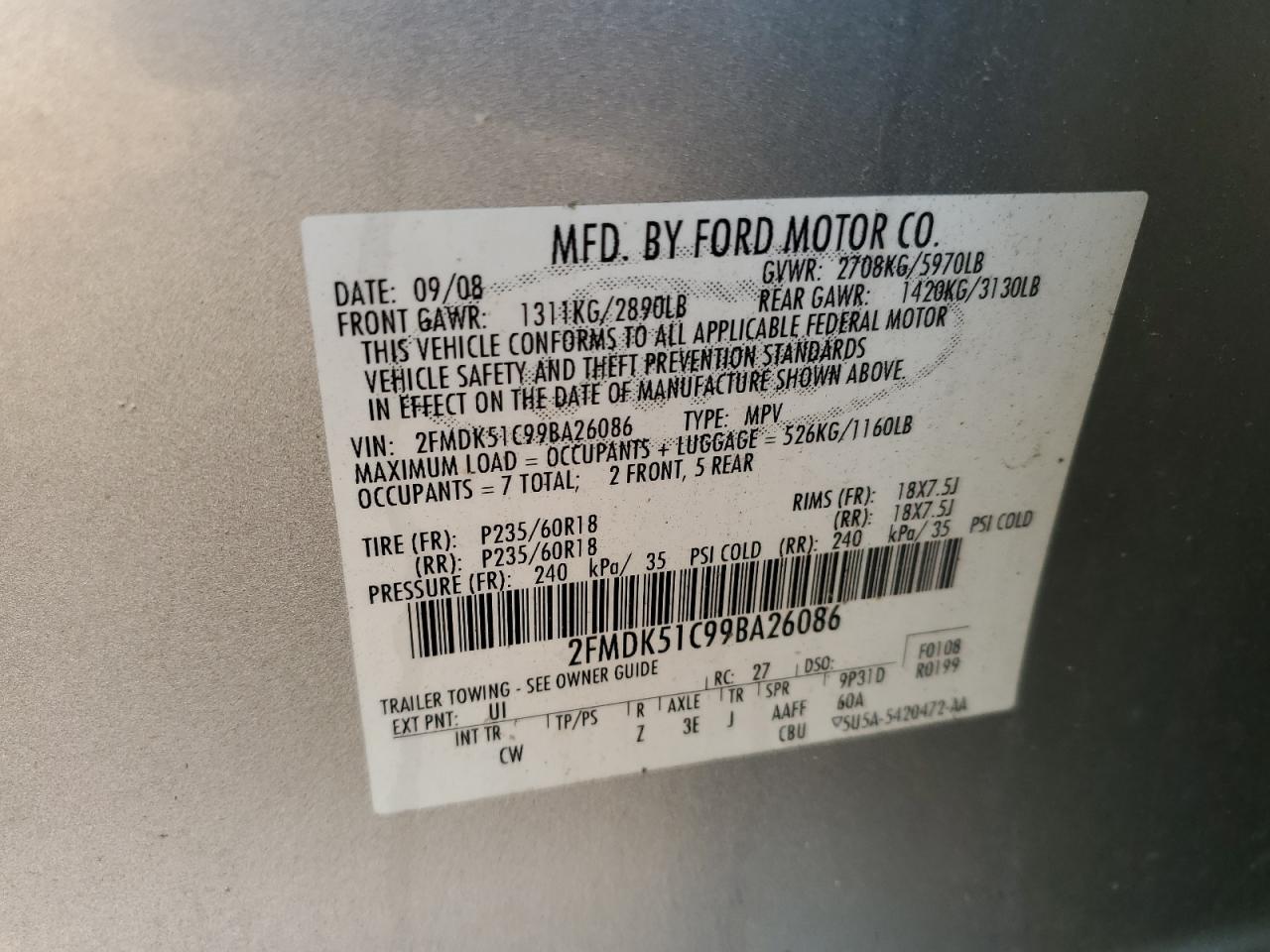 2009 Ford Flex Se VIN: 2FMDK51C99BA26086 Lot: 61291815