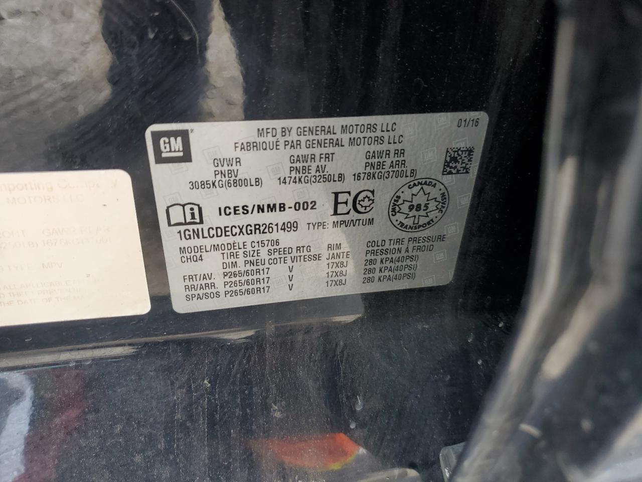 2016 Chevrolet Tahoe Police VIN: 1GNLCDECXGR261499 Lot: 59278105