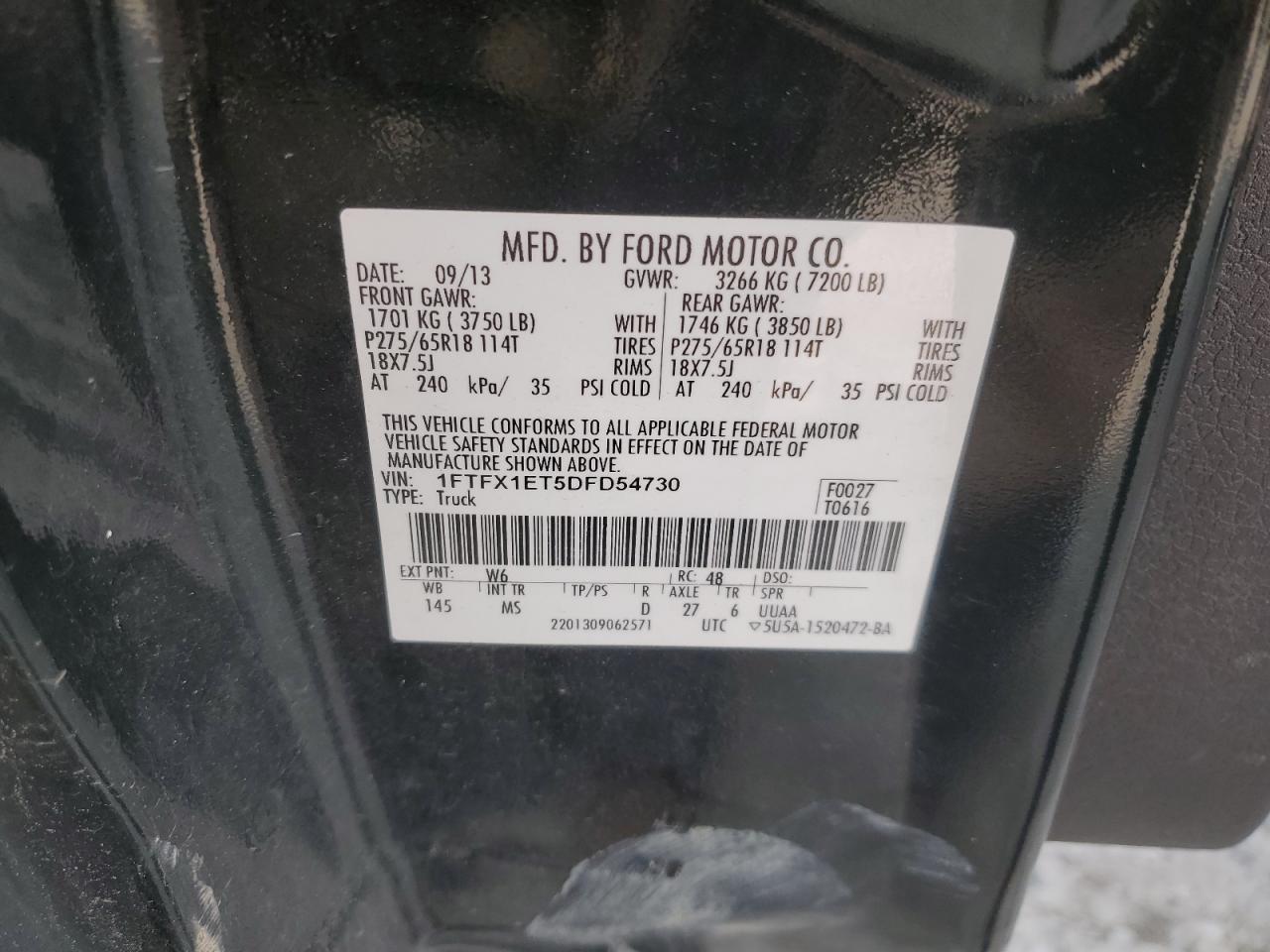 2013 Ford F150 Super Cab VIN: 1FTFX1ET5DFD54730 Lot: 59112155