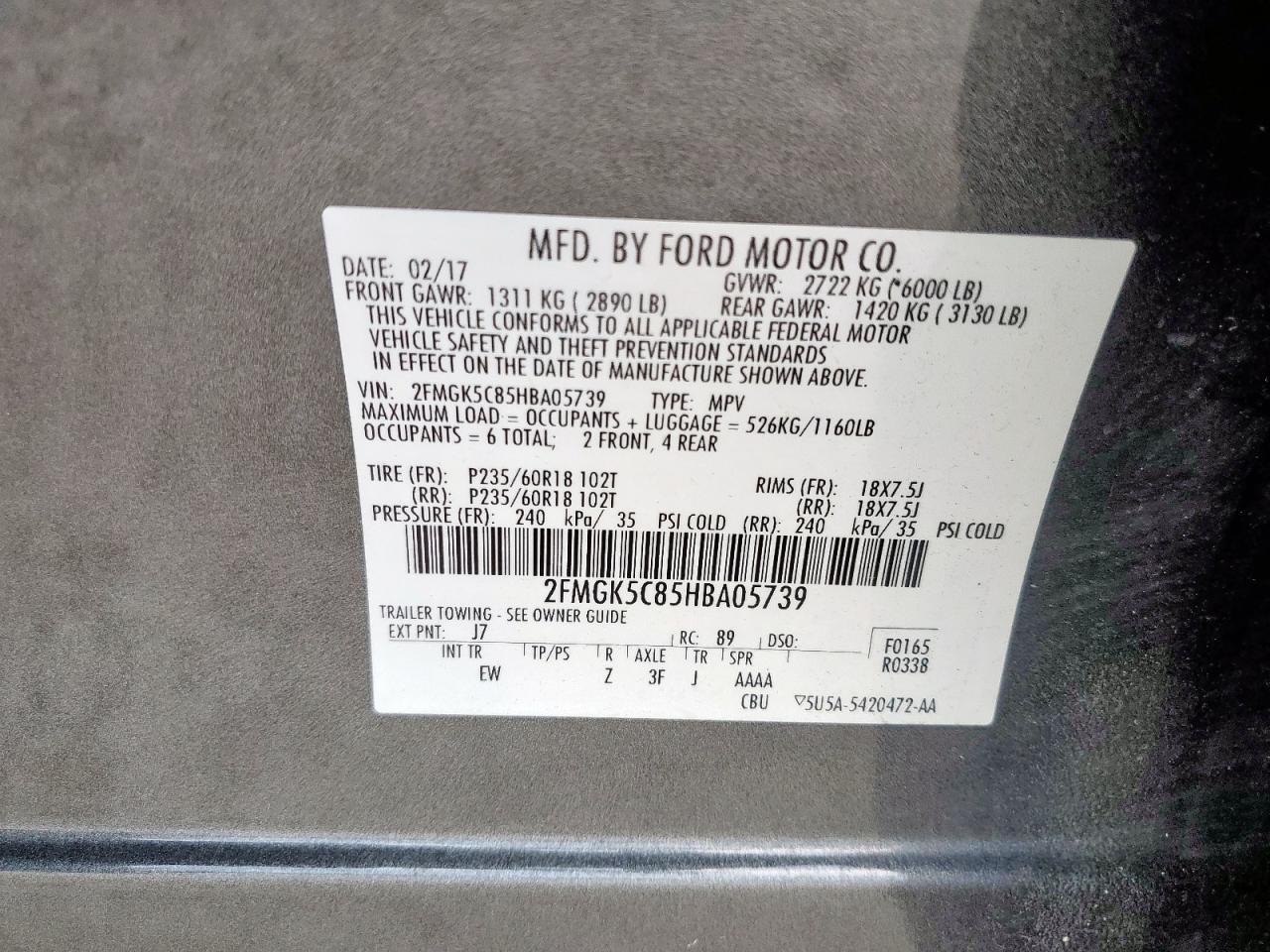 2017 Ford Flex Sel VIN: 2FMGK5C85HBA05739 Lot: 61741715