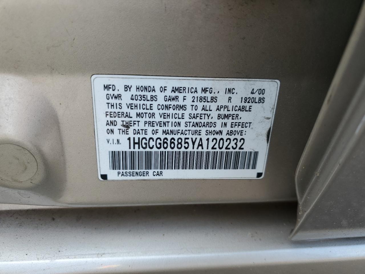 2000 Honda Accord Ex VIN: 1HGCG6685YA120232 Lot: 59948775