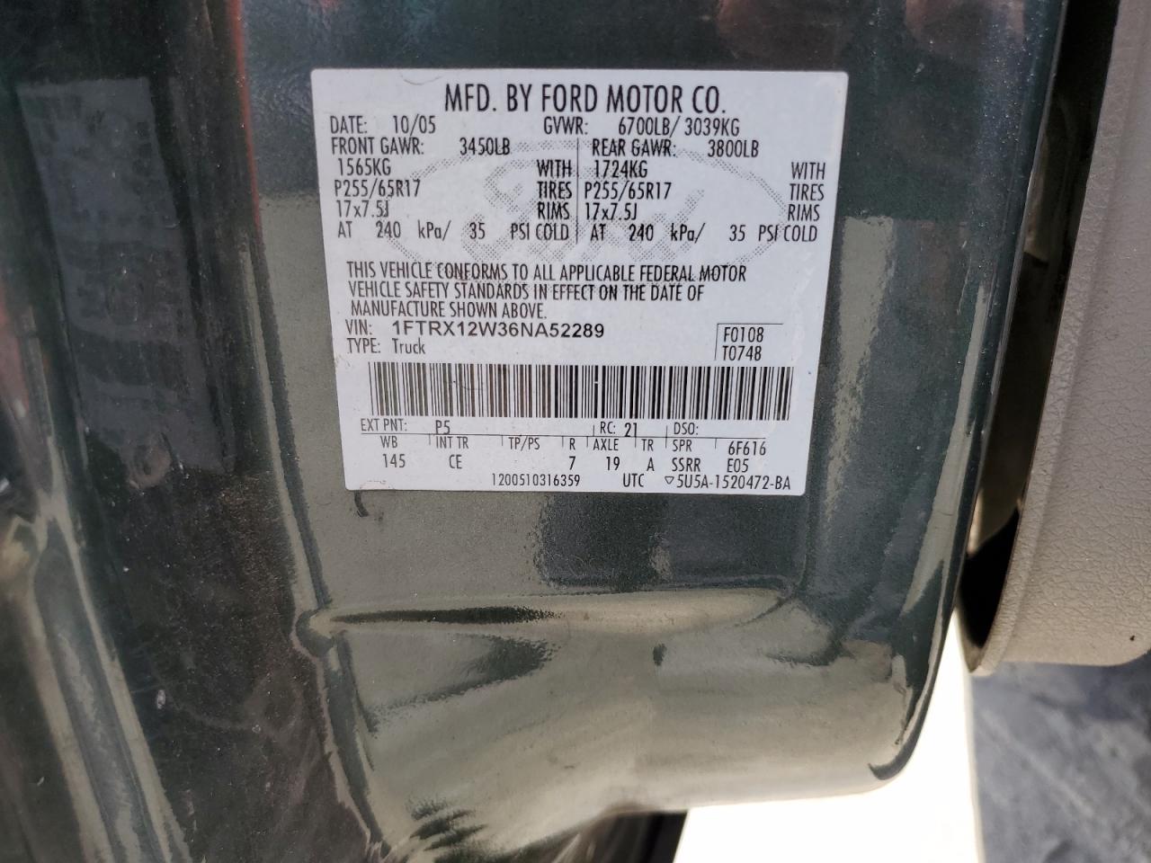 2006 Ford F150 VIN: 1FTRX12W36NA52289 Lot: 60424725