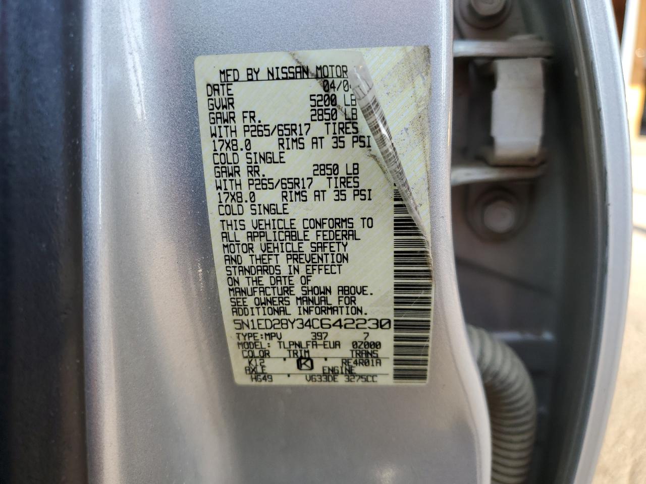 2004 Nissan Xterra Xe VIN: 5N1ED28Y34C642230 Lot: 58076905