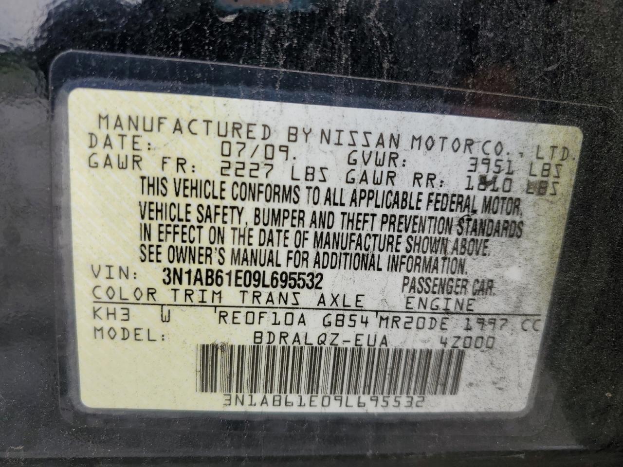 2009 Nissan Sentra 2.0 VIN: 3N1AB61E09L695532 Lot: 62466315