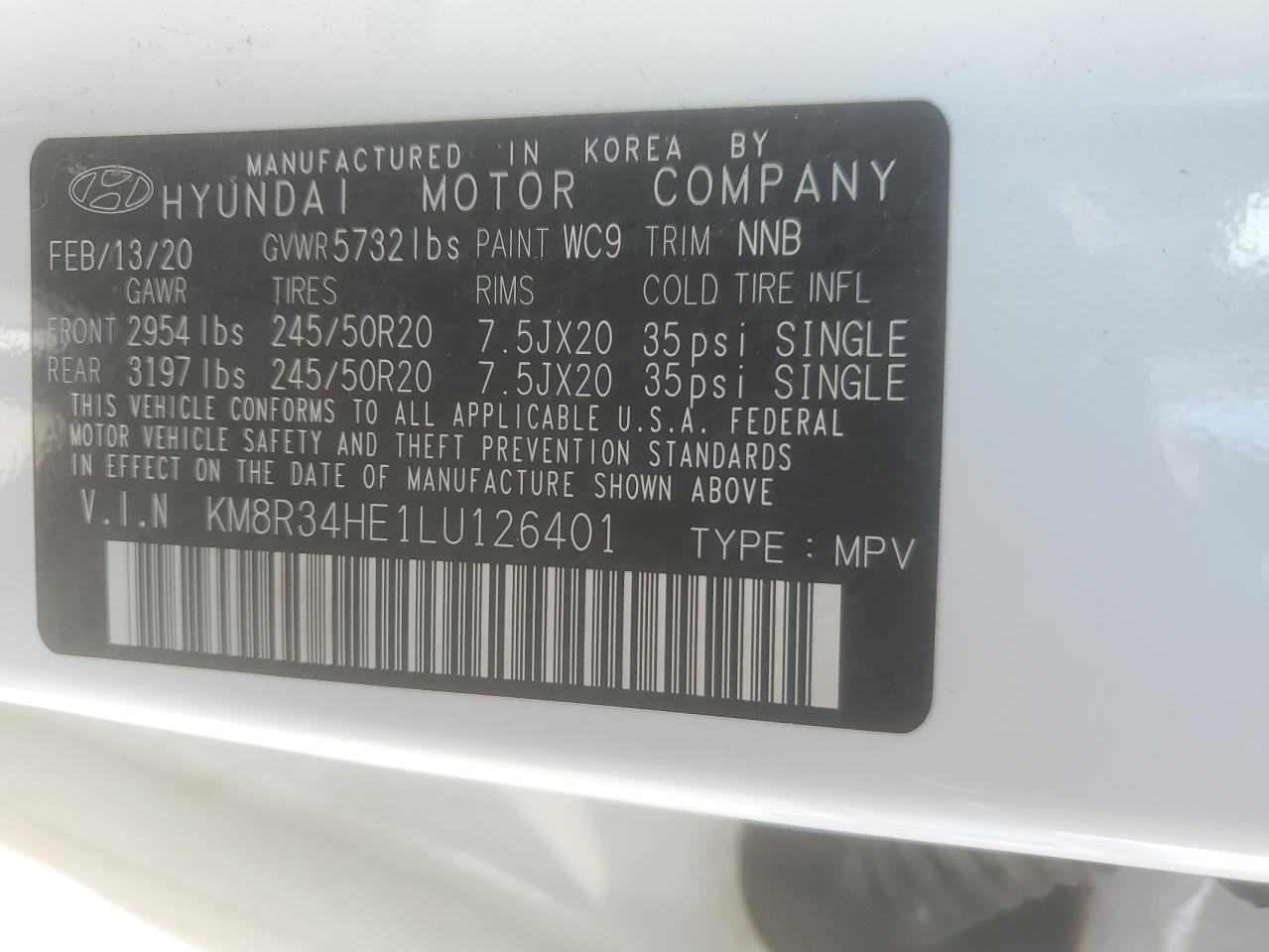 2020 Hyundai Palisade Sel VIN: KM8R34HE1LU126401 Lot: 62084825