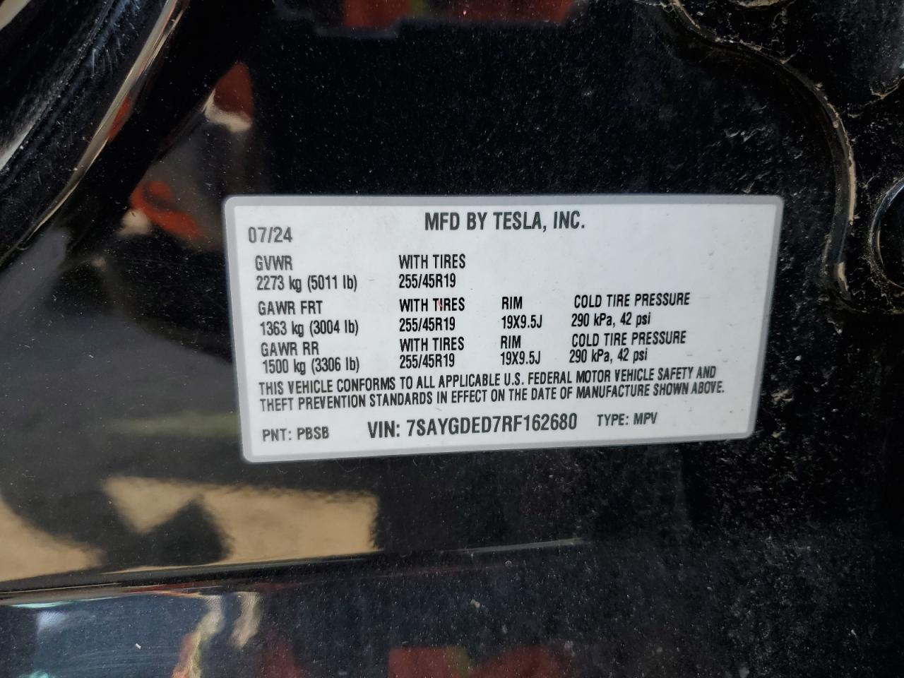 2024 Tesla Model Y VIN: 7SAYGDED7RF162680 Lot: 61991495