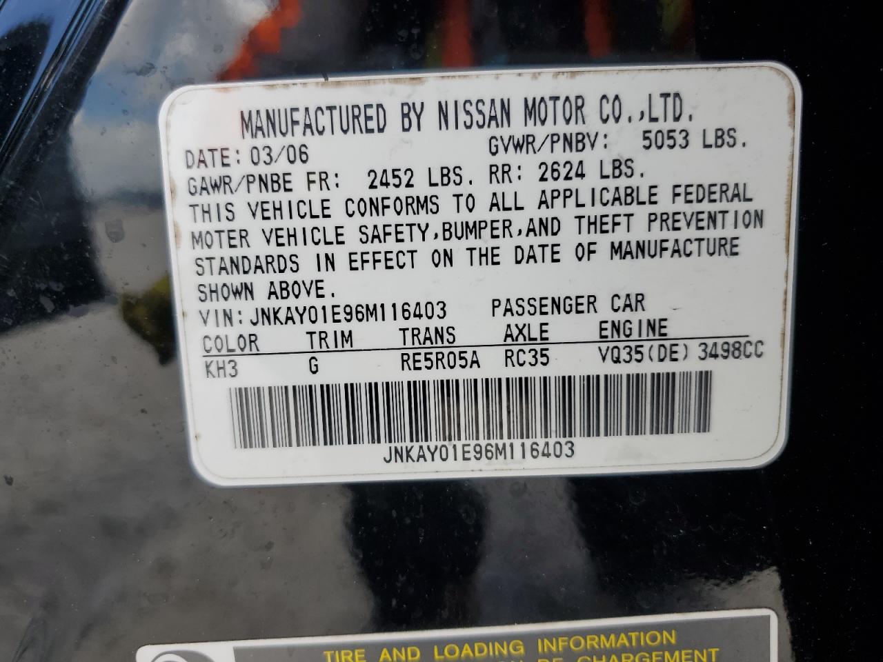 2006 Infiniti M35 Base VIN: JNKAY01E96M116403 Lot: 60785185
