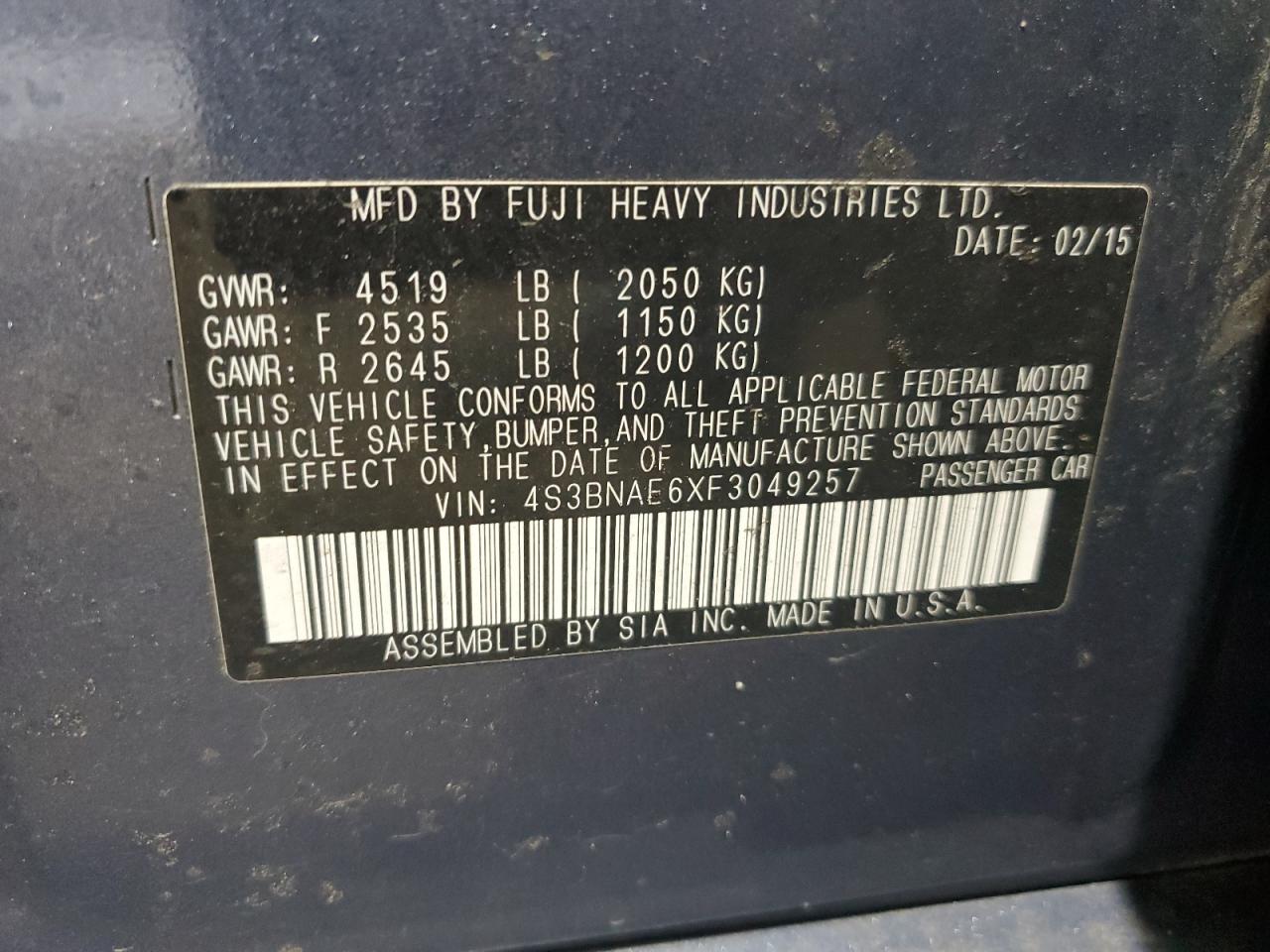 2015 Subaru Legacy 2.5I Premium VIN: 4S3BNAE6XF3049257 Lot: 62887165