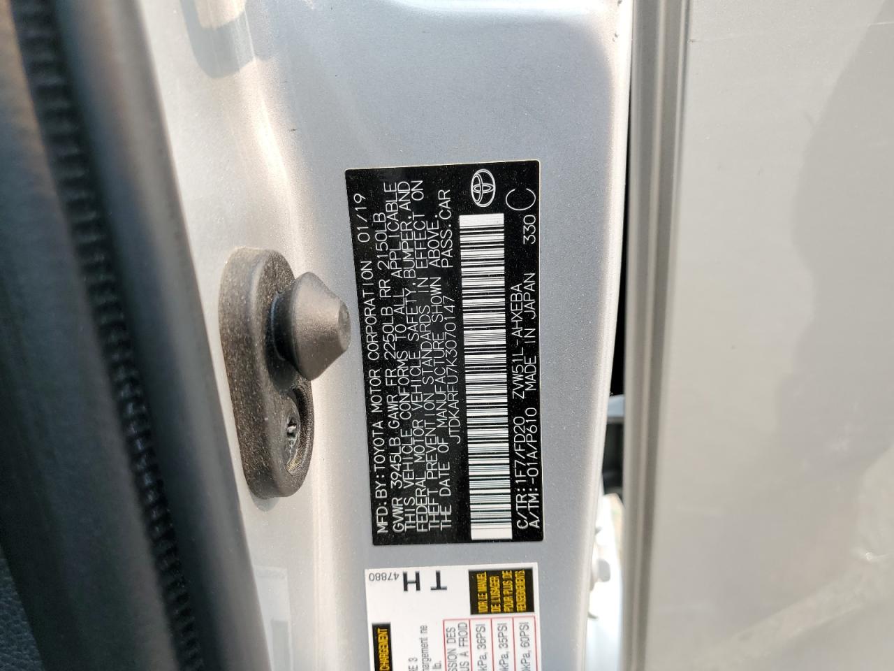 2019 Toyota Prius VIN: JTDKARFU7K3070147 Lot: 58827135