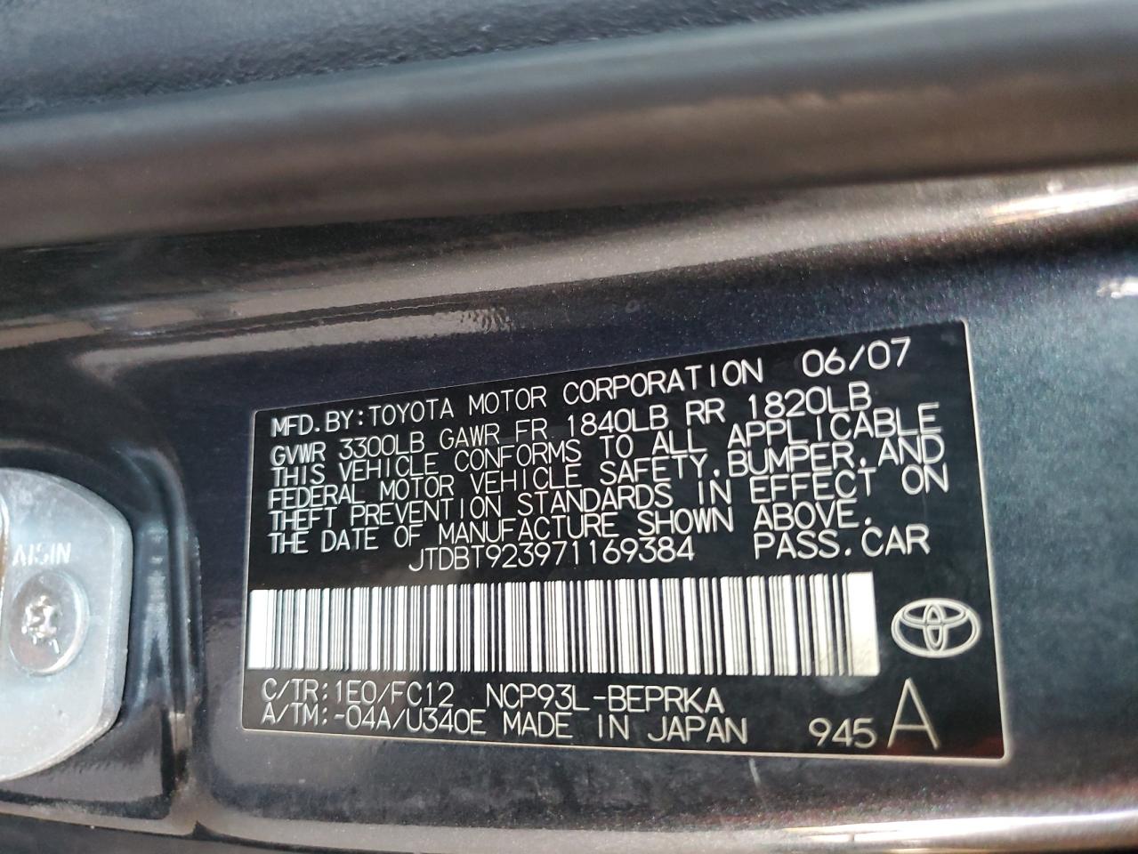 2007 Toyota Yaris VIN: JTDBT923971169384 Lot: 60629065