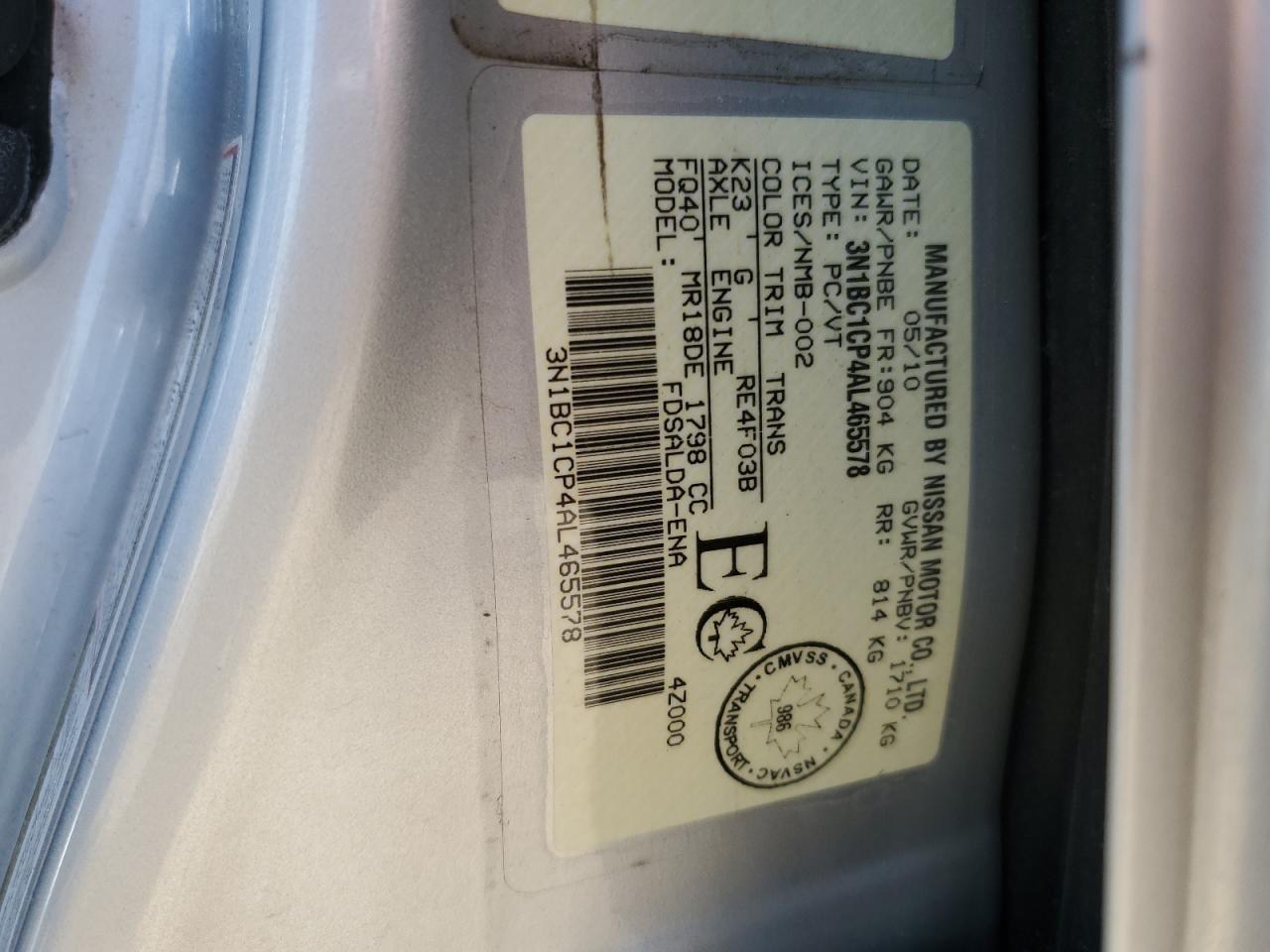 2010 Nissan Versa S VIN: 3N1BC1CP4AL465578 Lot: 58654115