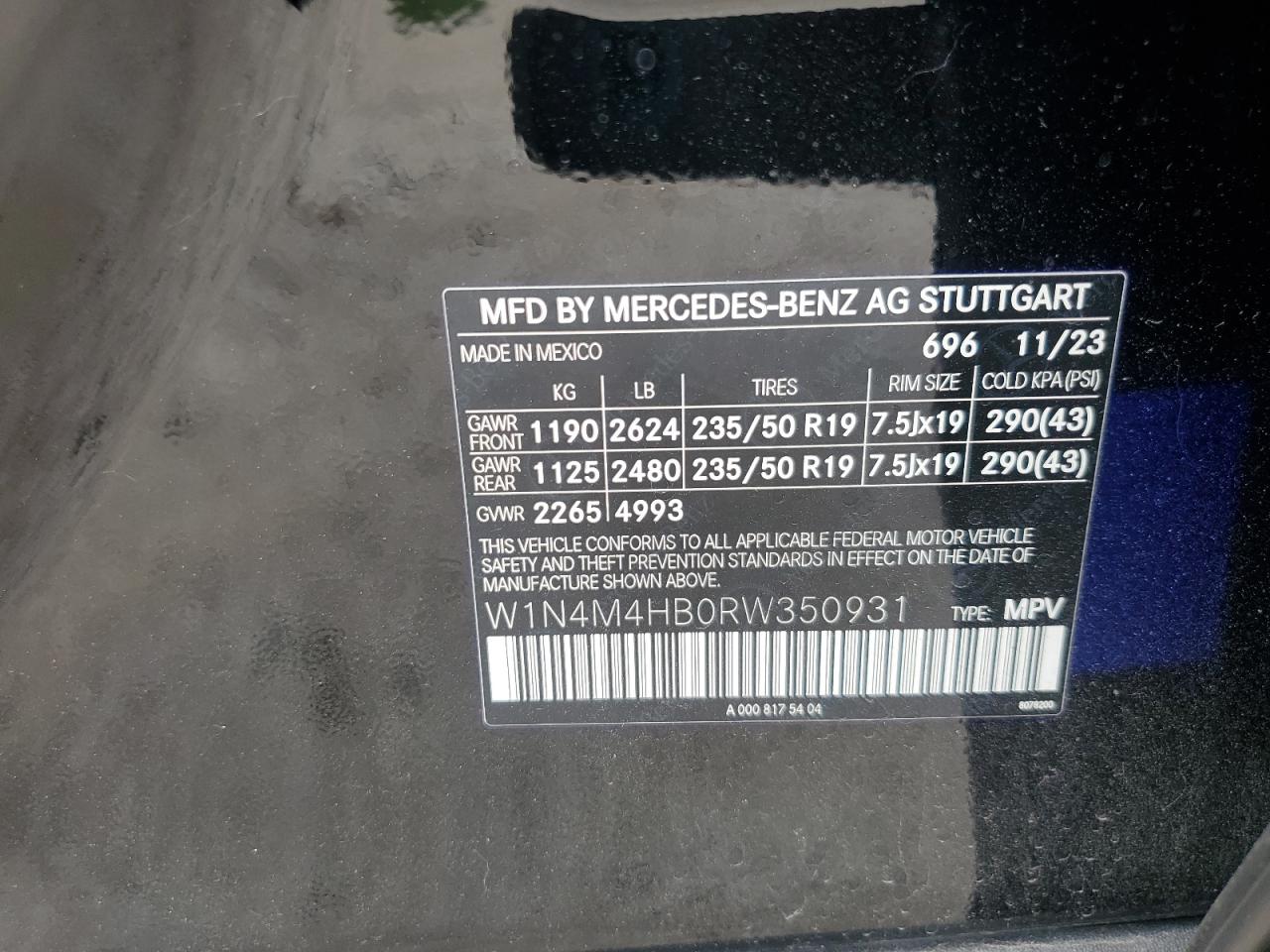 2024 Mercedes-Benz Glb 250 4Matic VIN: W1N4M4HB0RW350931 Lot: 60197895