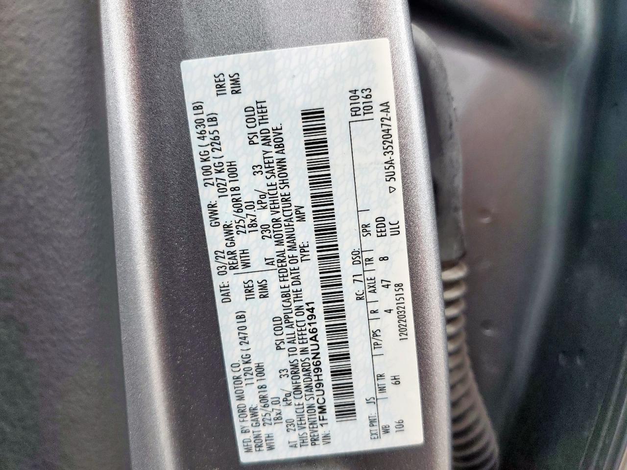 2022 Ford Escape Sel VIN: 1FMCU9H96NUA61941 Lot: 60539525