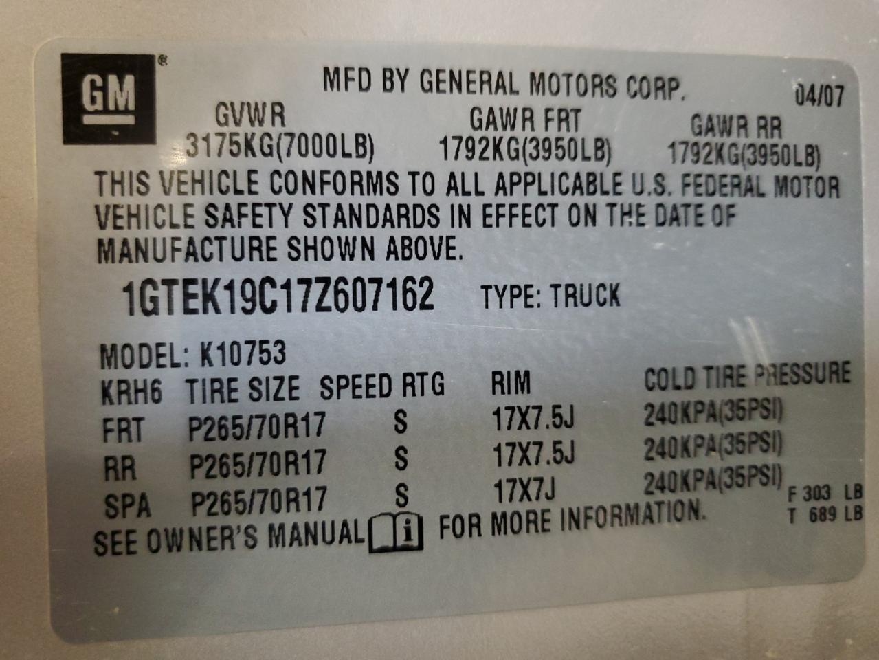 2007 GMC New Sierra K1500 VIN: 1GTEK19C17Z607162 Lot: 60849705