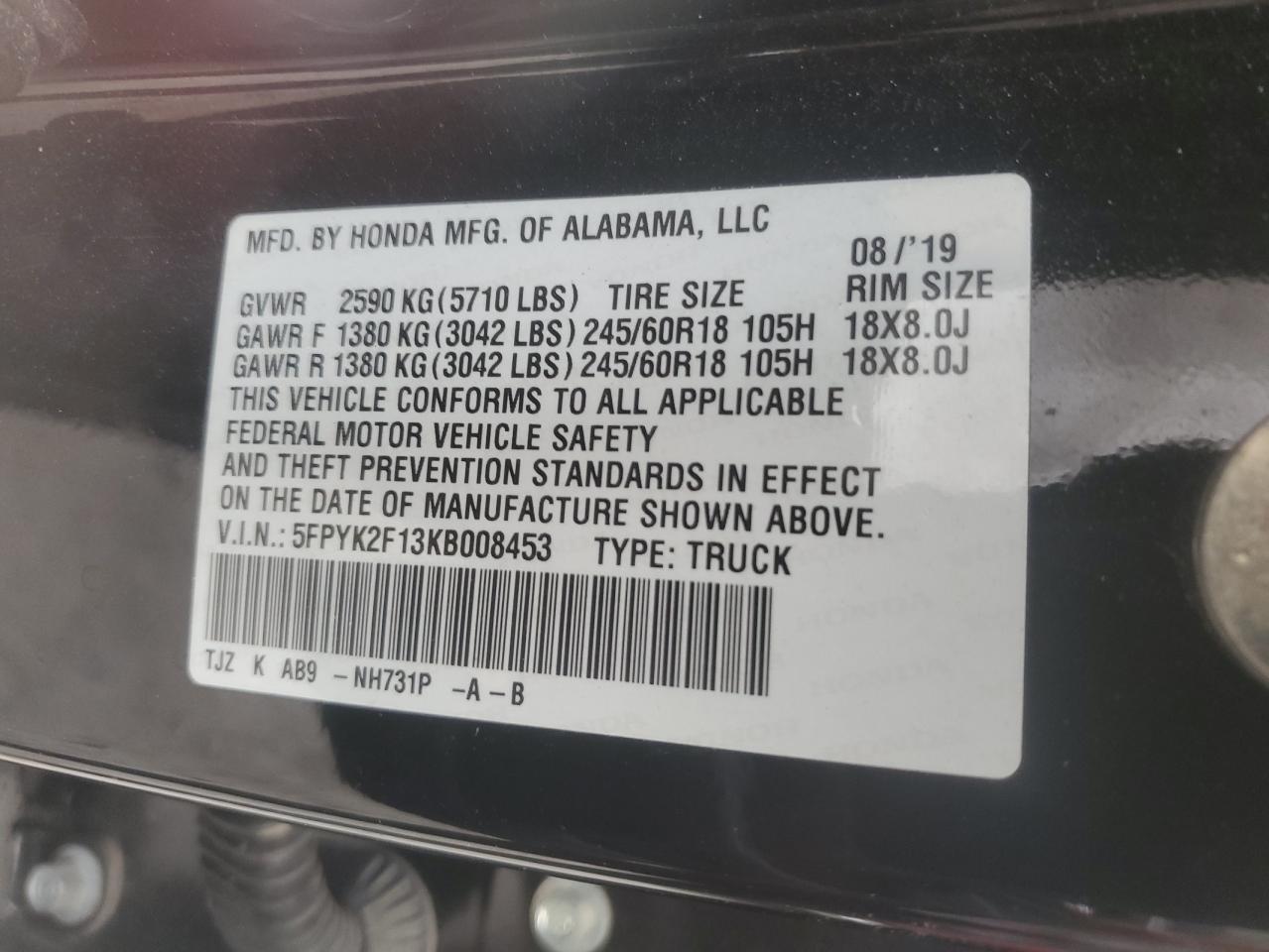5fpyk2f13kb008453 5FPYK2F13KB008453 2019 Honda Ridgeline Sport