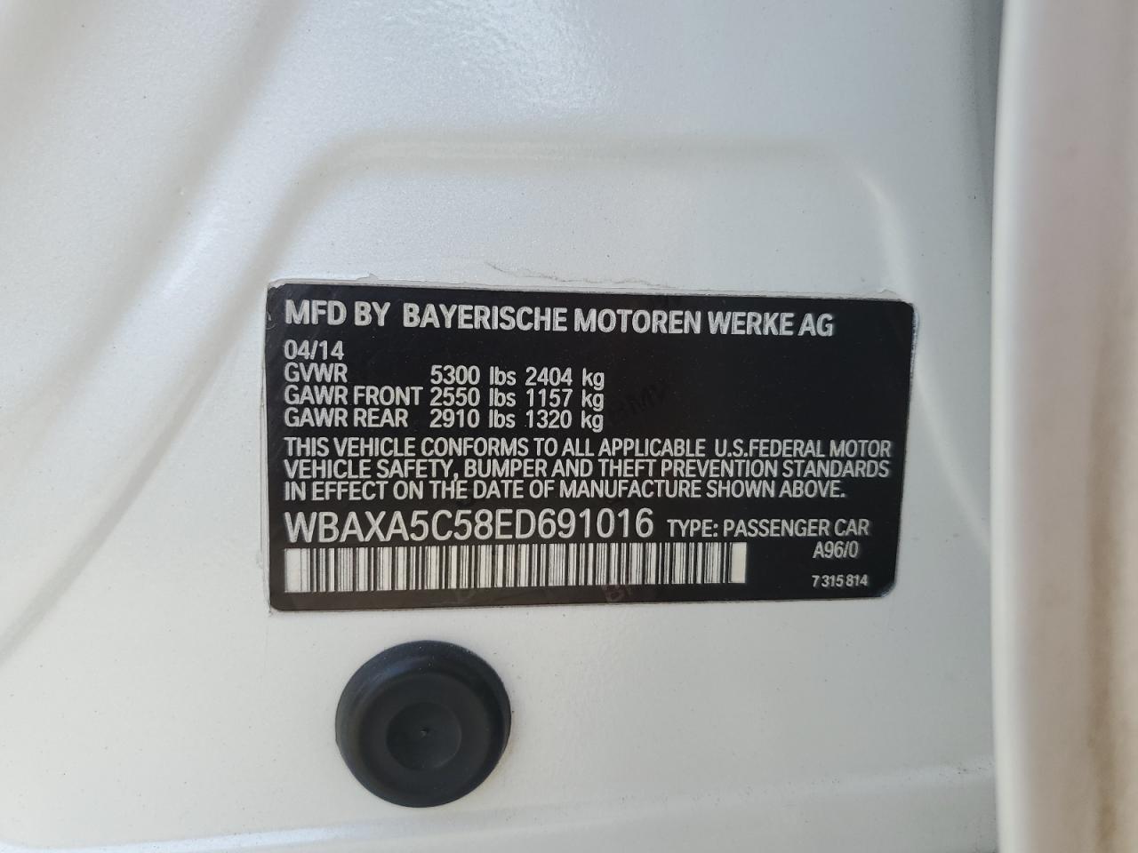 BMW 5 SERIES 2014 VIN WBAXA5C58ED691016 фото 12