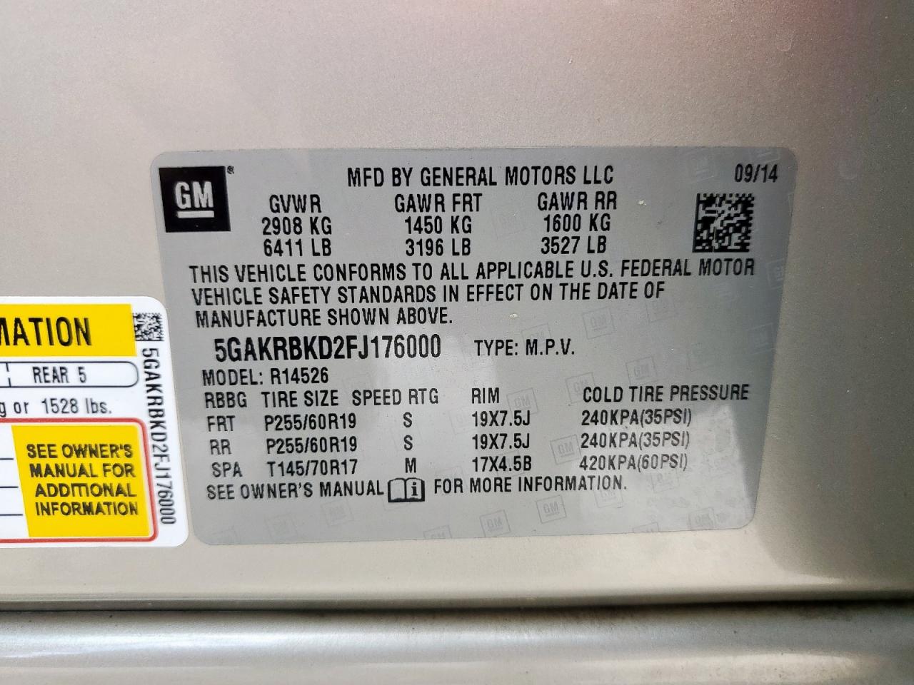 2015 Buick Enclave VIN: 5GAKRBKD2FJ176000 Lot: 60933315