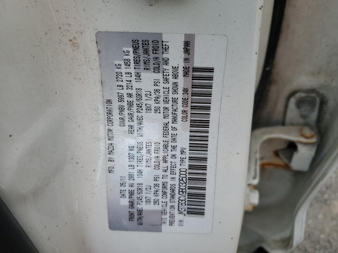 2011 Mazda Cx-9 VIN: JM3TB3CV9B0325000 Lot: 61752185