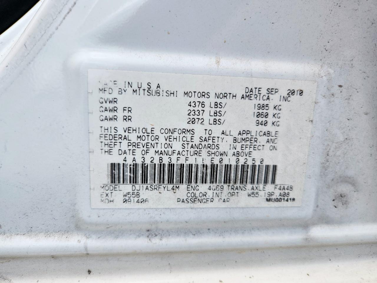 2011 Mitsubishi Galant Es VIN: 4A32B3FF1BE010250 Lot: 61951115